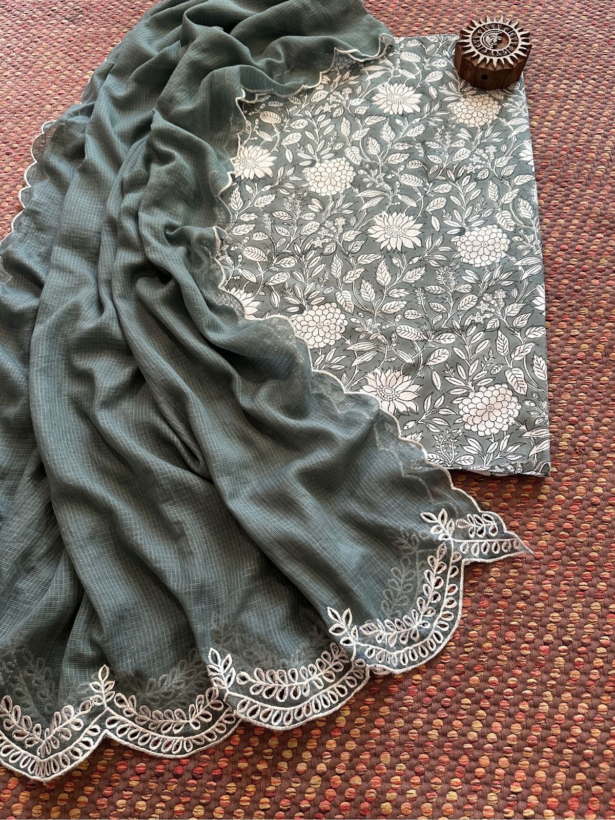 Pure Cotton Handblock Fabric with Cutwork Embroidered Dupatta