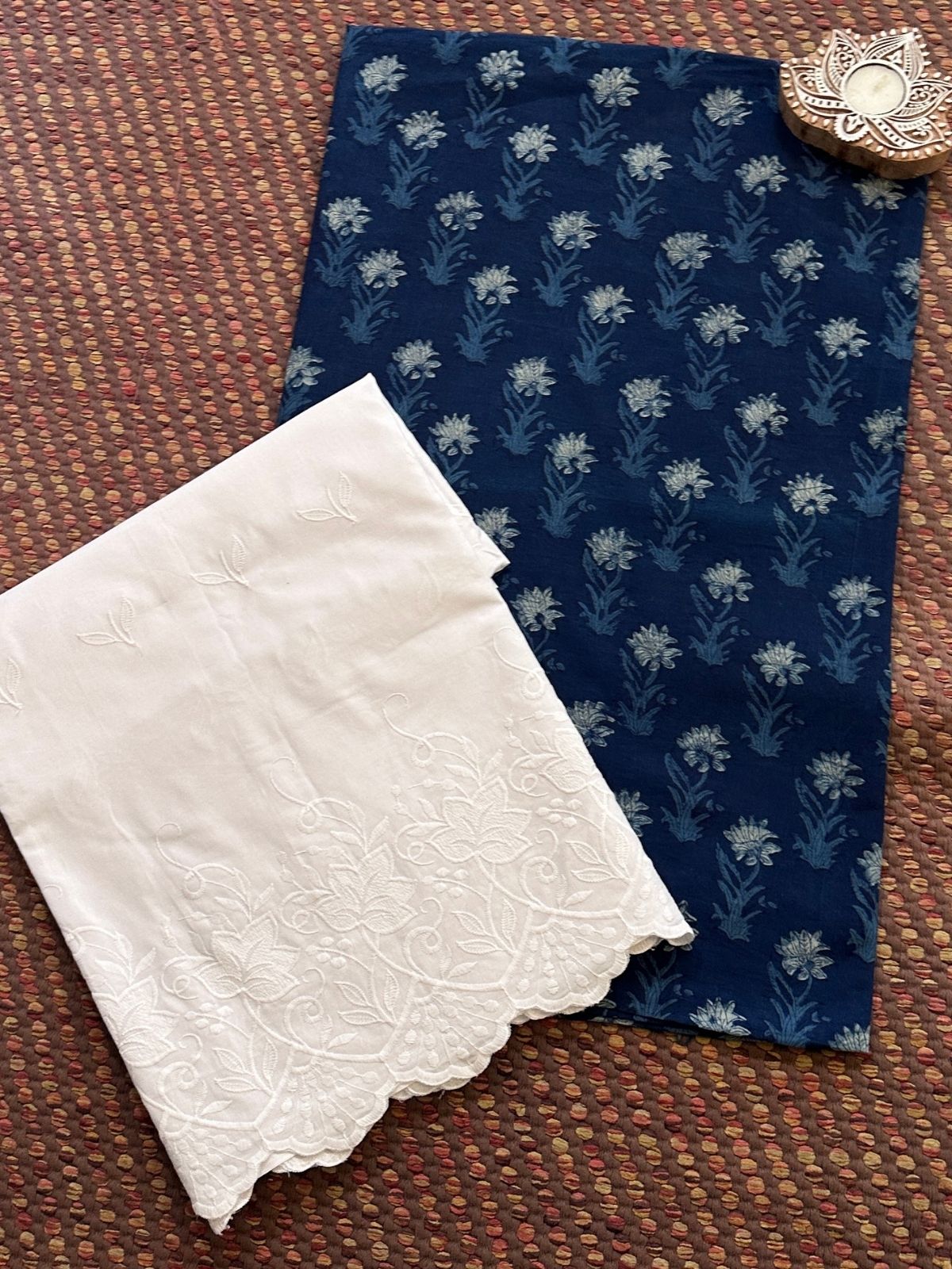 Pure Cotton Indigo Handblocked Fabric with Embroidered Bottom