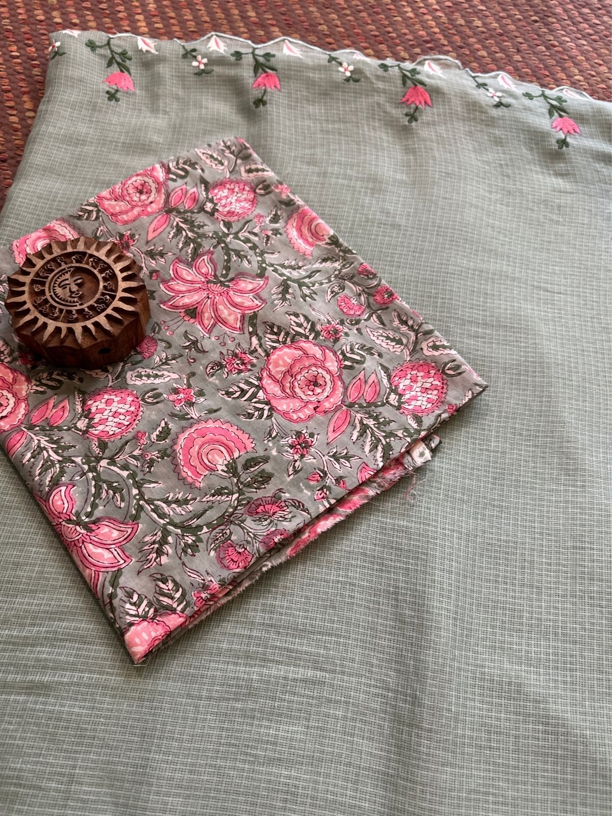 Kota Doria Embroidered Saree with Hand-blocked pure cotton Blouse Fabric