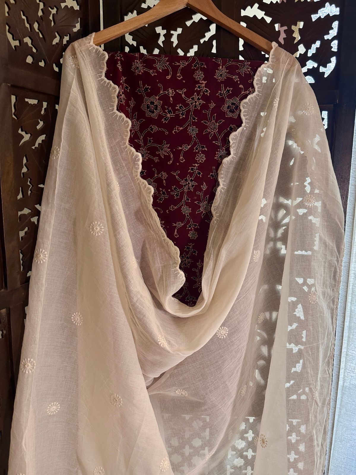 Ajrakh handblocked pure cotton mamal fabric with soft cotton Dupatta