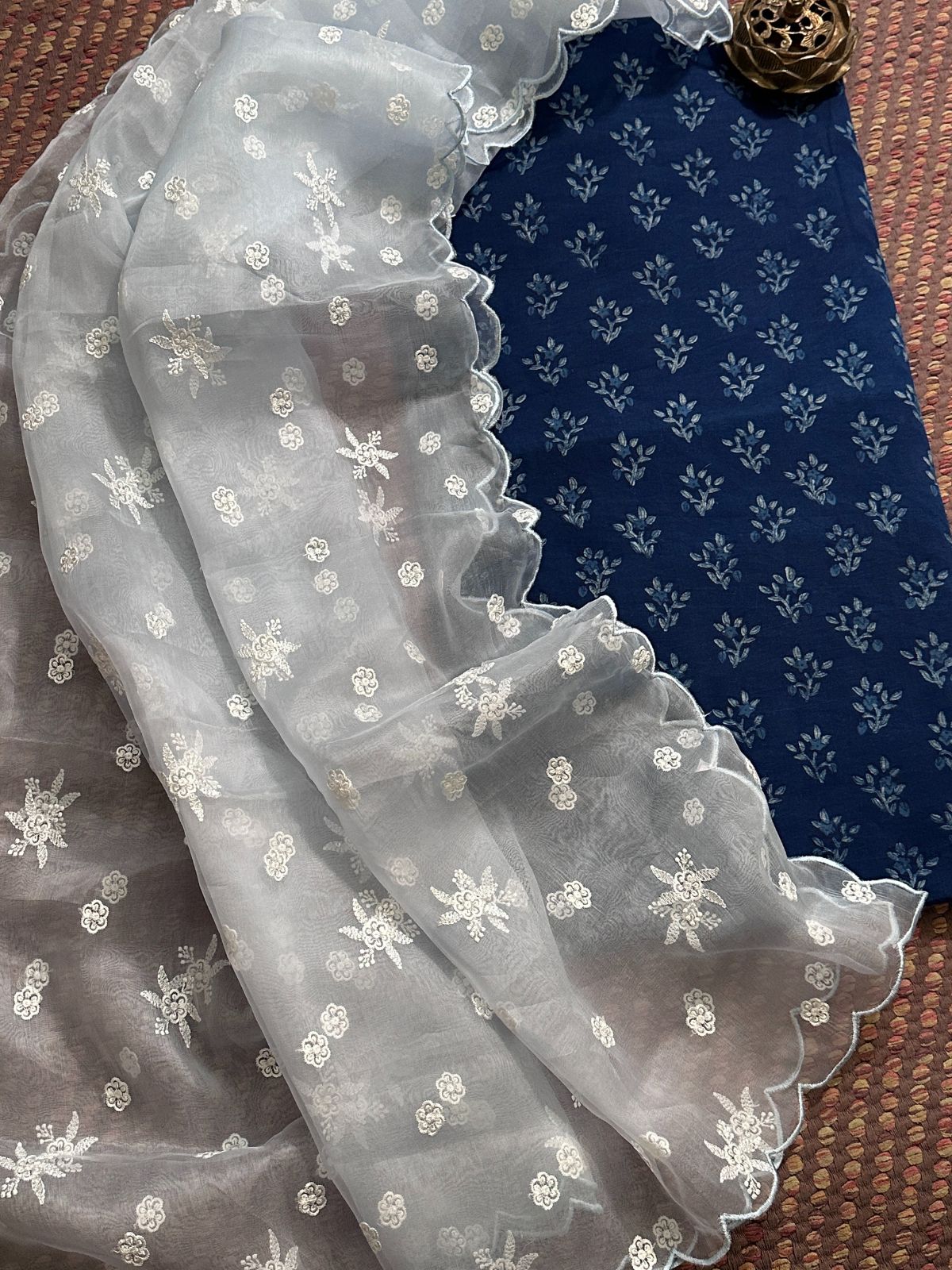 Pure Cotton Handblocked Fabric with Exclusive Cutwork Organza Dupatta