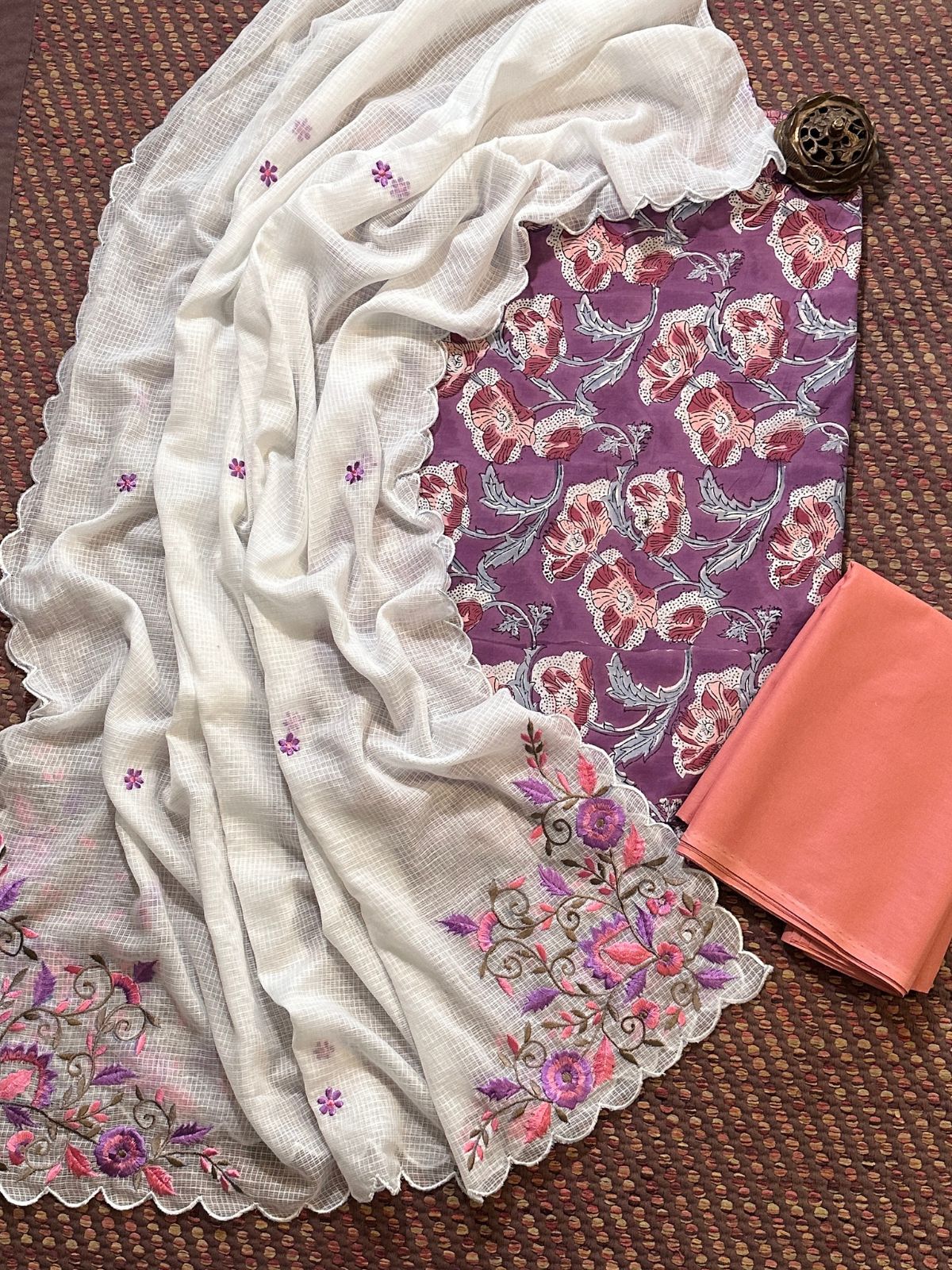 Pure Cotton Hand-block Fabric with Embroidered Bottom & Kota Doria Dupatta
