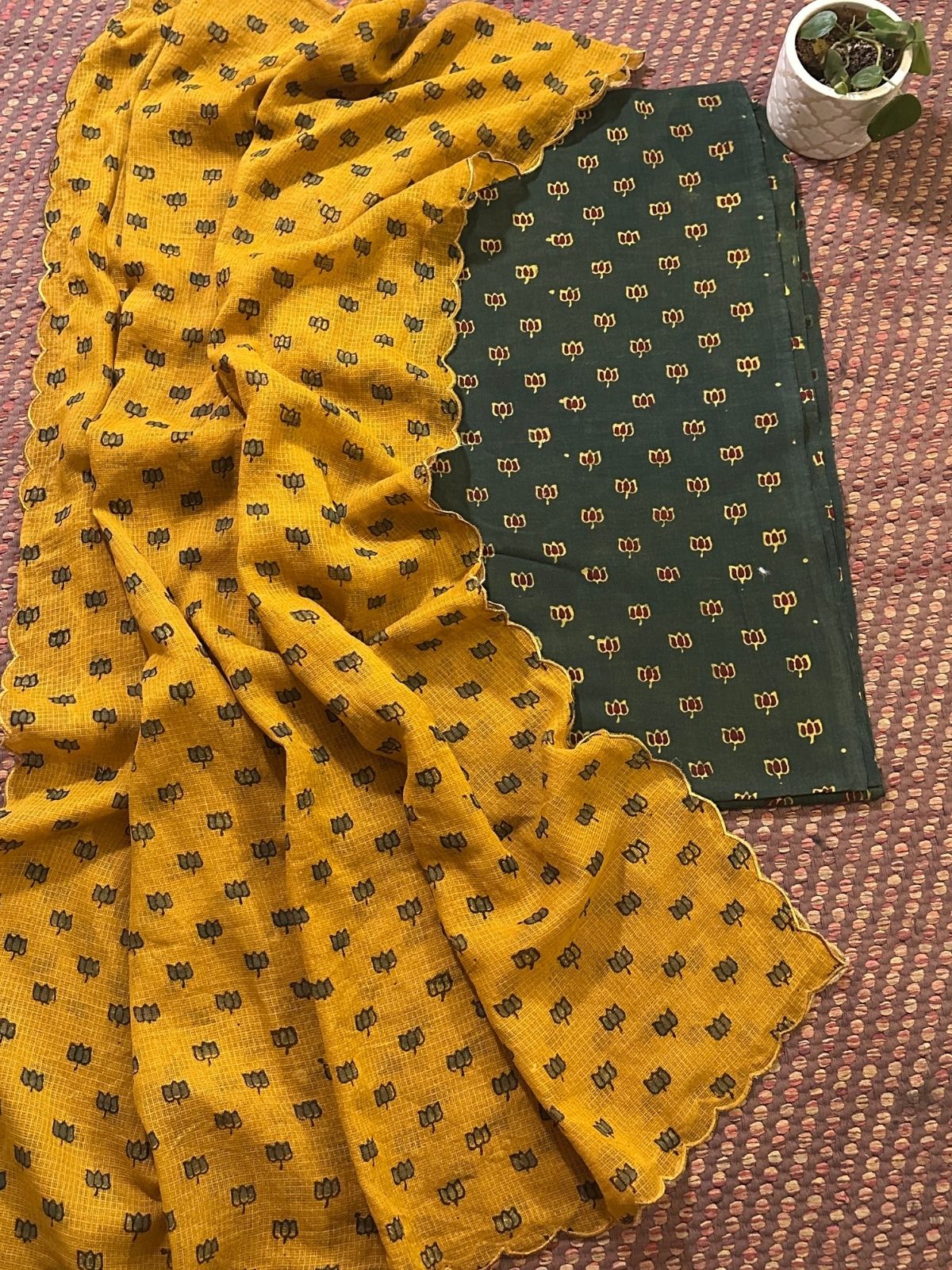 Ajrakh Cotton Malmal Handblocked Set- Top & Dupatta