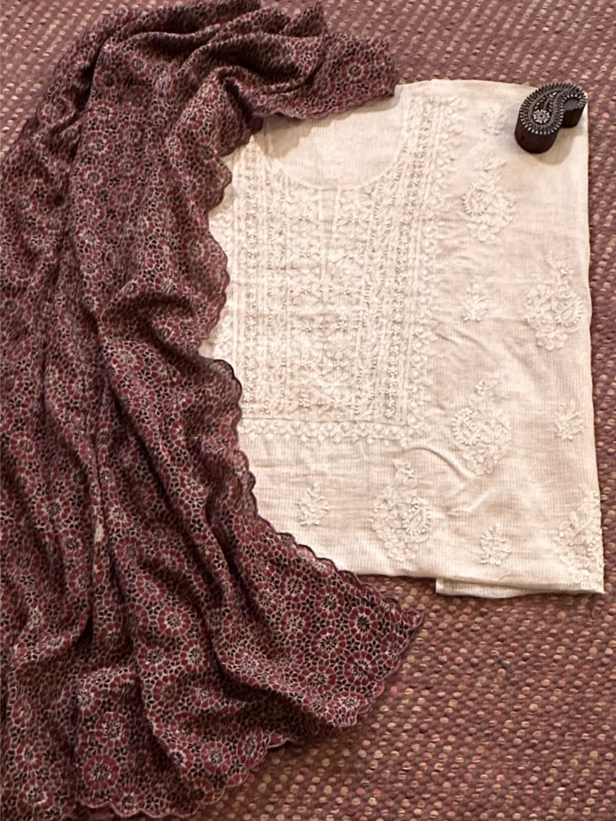 Chikankari Hand Embroidered Fabric with Ajrak Hadblocked Kota Dupatta