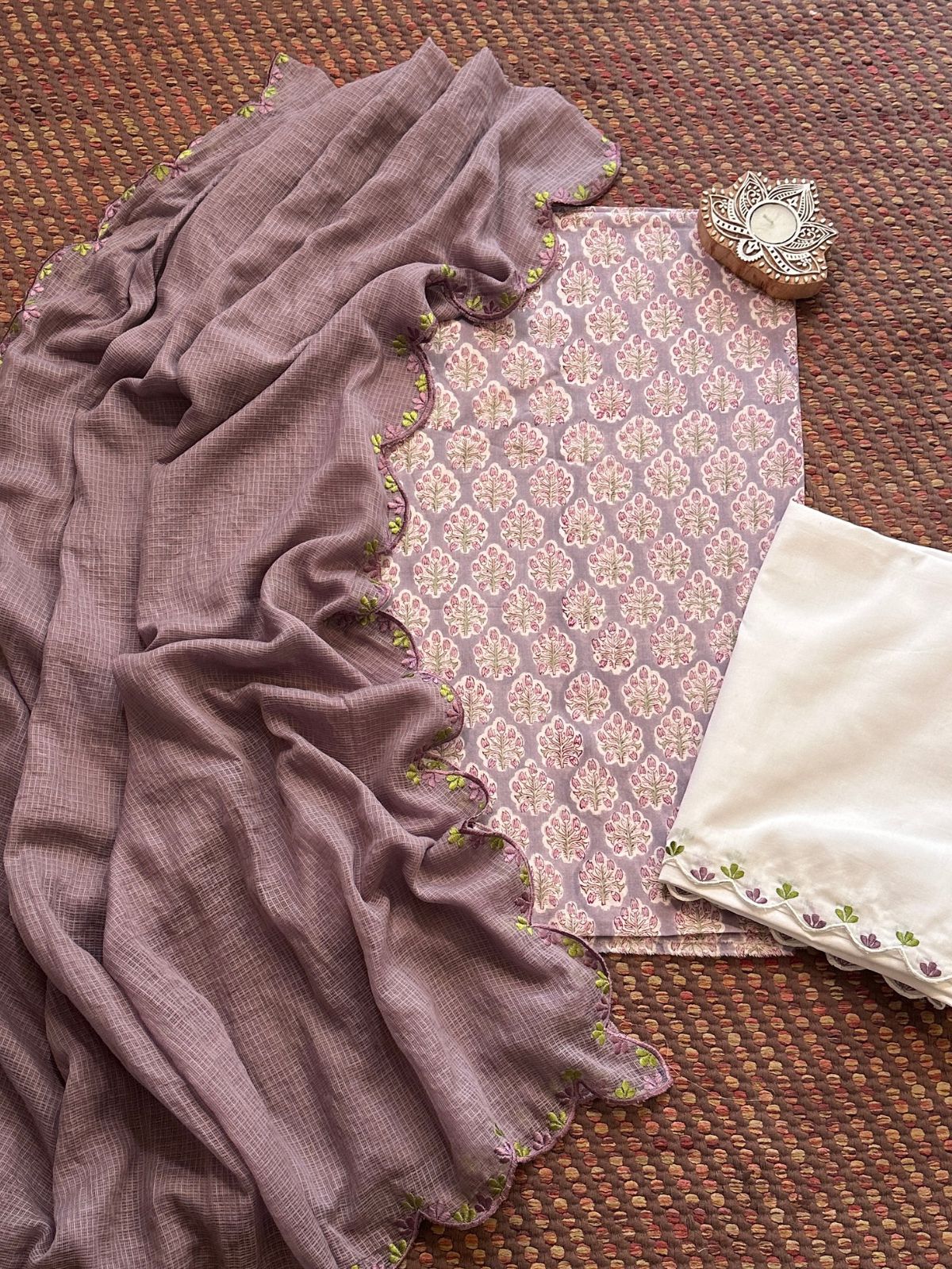 Pure Cotton Hand-block Fabric with Embroidered Bottom & Kota Doria Dupatta