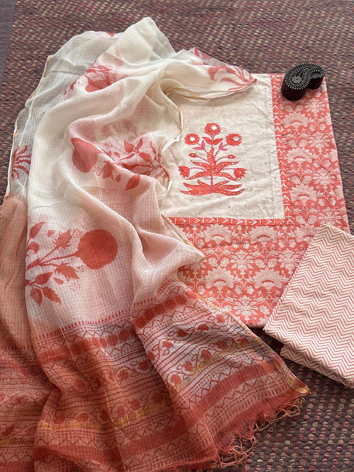 Pure Handblcoked Cotton Unstitched Set with Handblocked Kota Dupatta