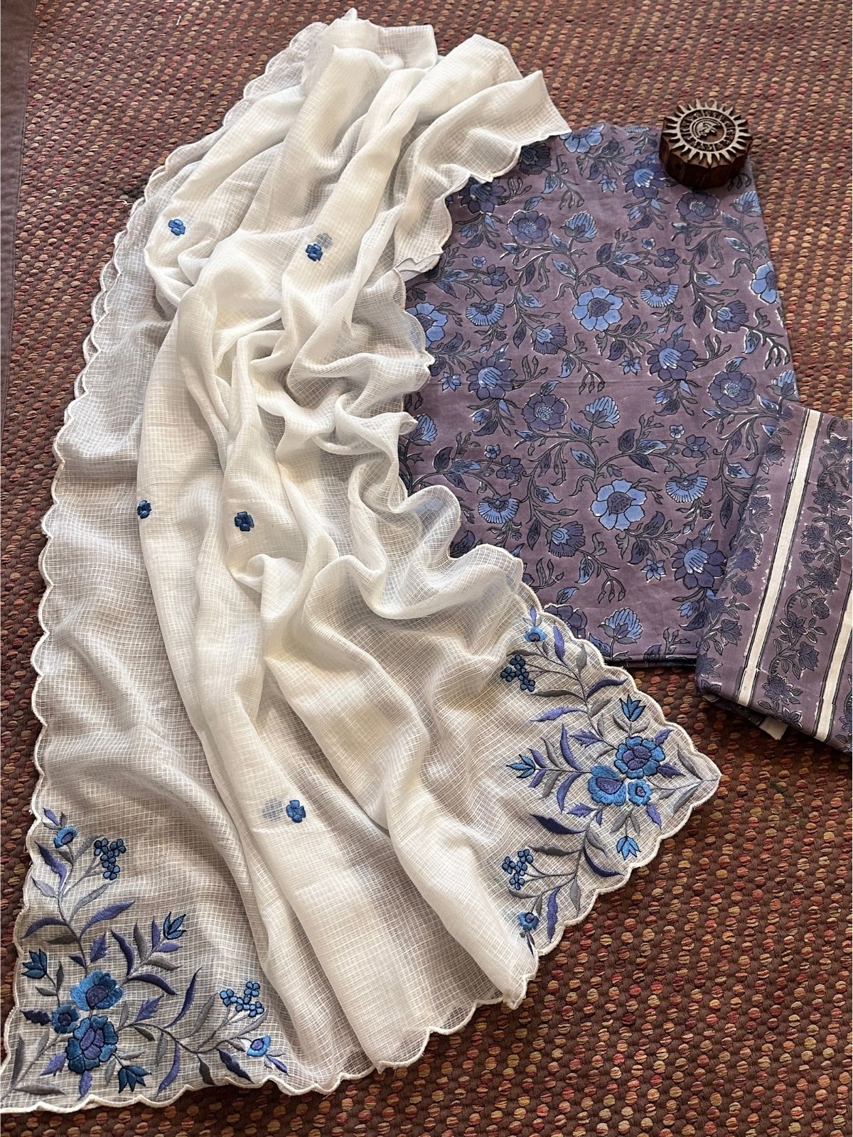 Pure Cotton Handblock Fabric with Embroidered Dupatta