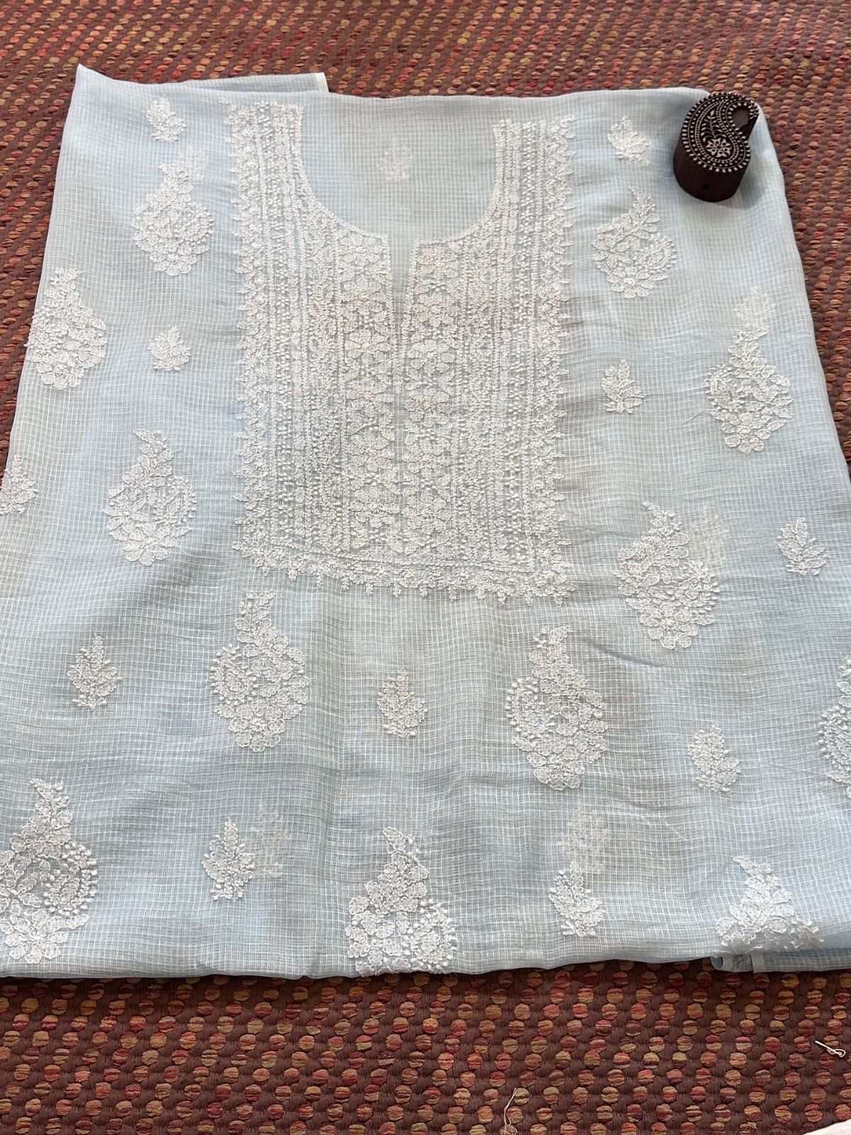 Chikankari Hand Embroidered Fabric with Indigo Hadblocked Kota Dupatta