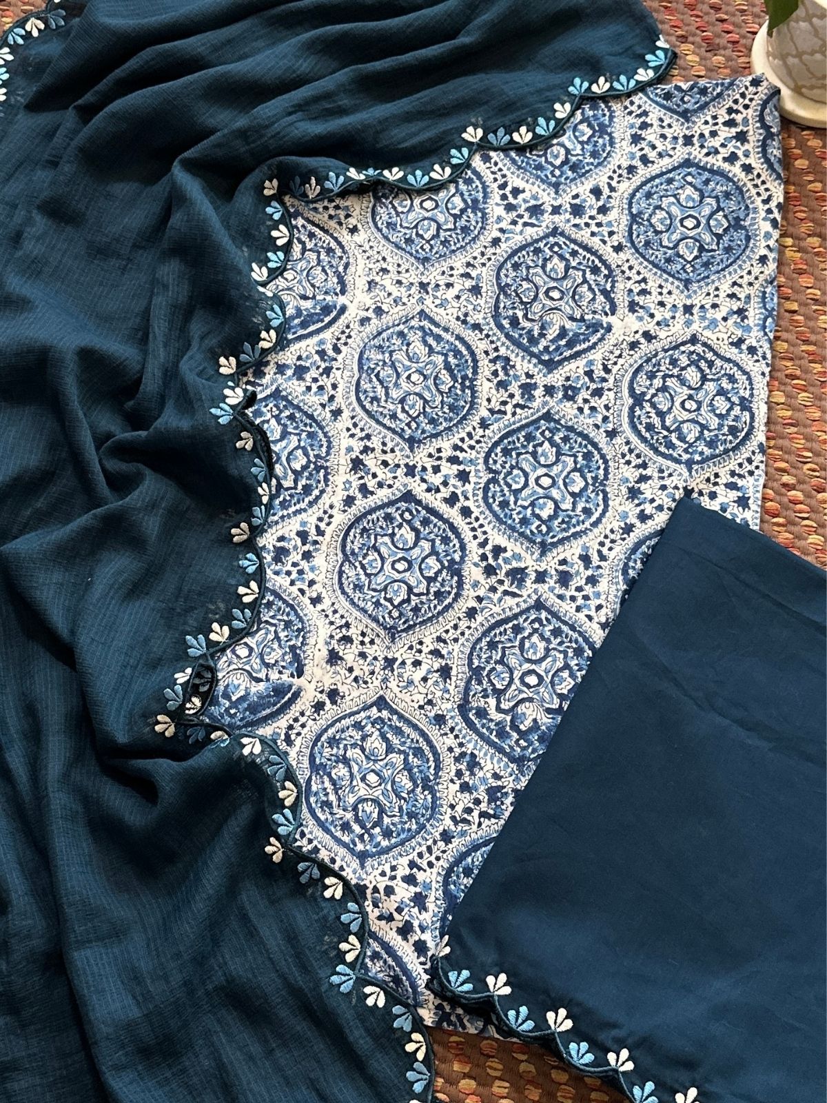 Pure Cotton Hand blocked Set with Embroidered Dupatta