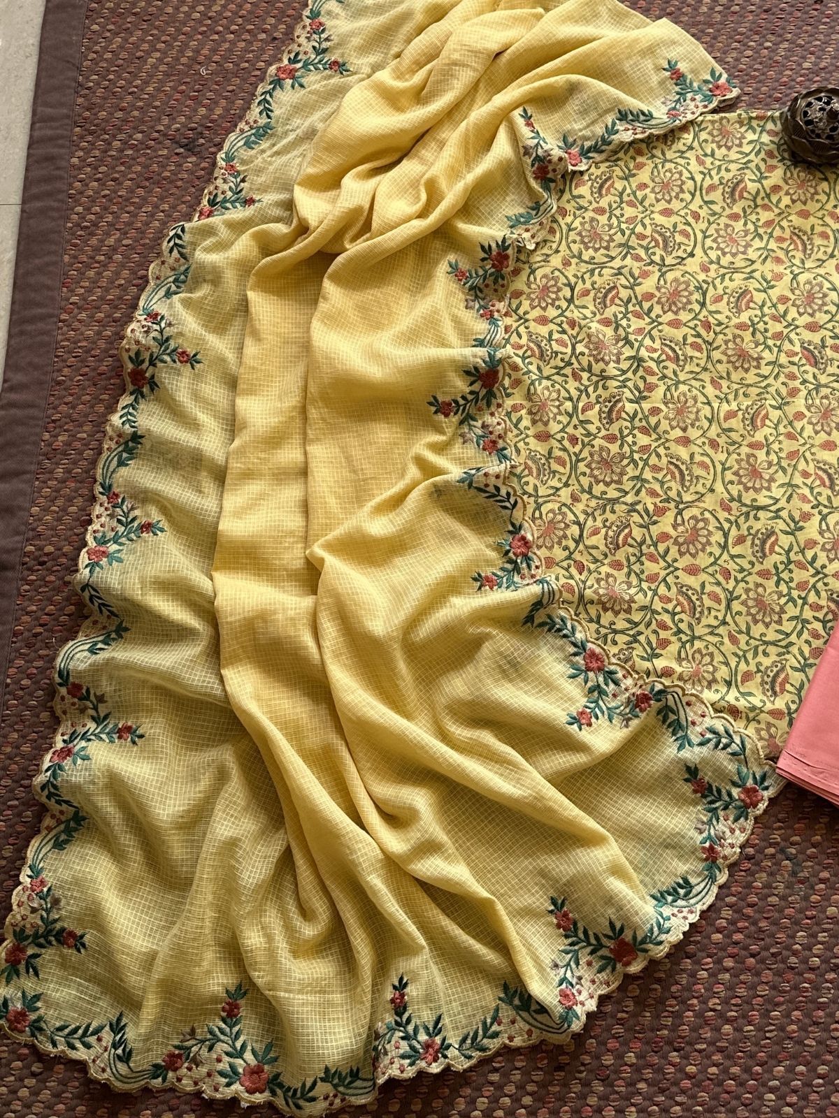 Pure Cotton Hand-block Fabric set with Embroidered Kota Doria Dupatta