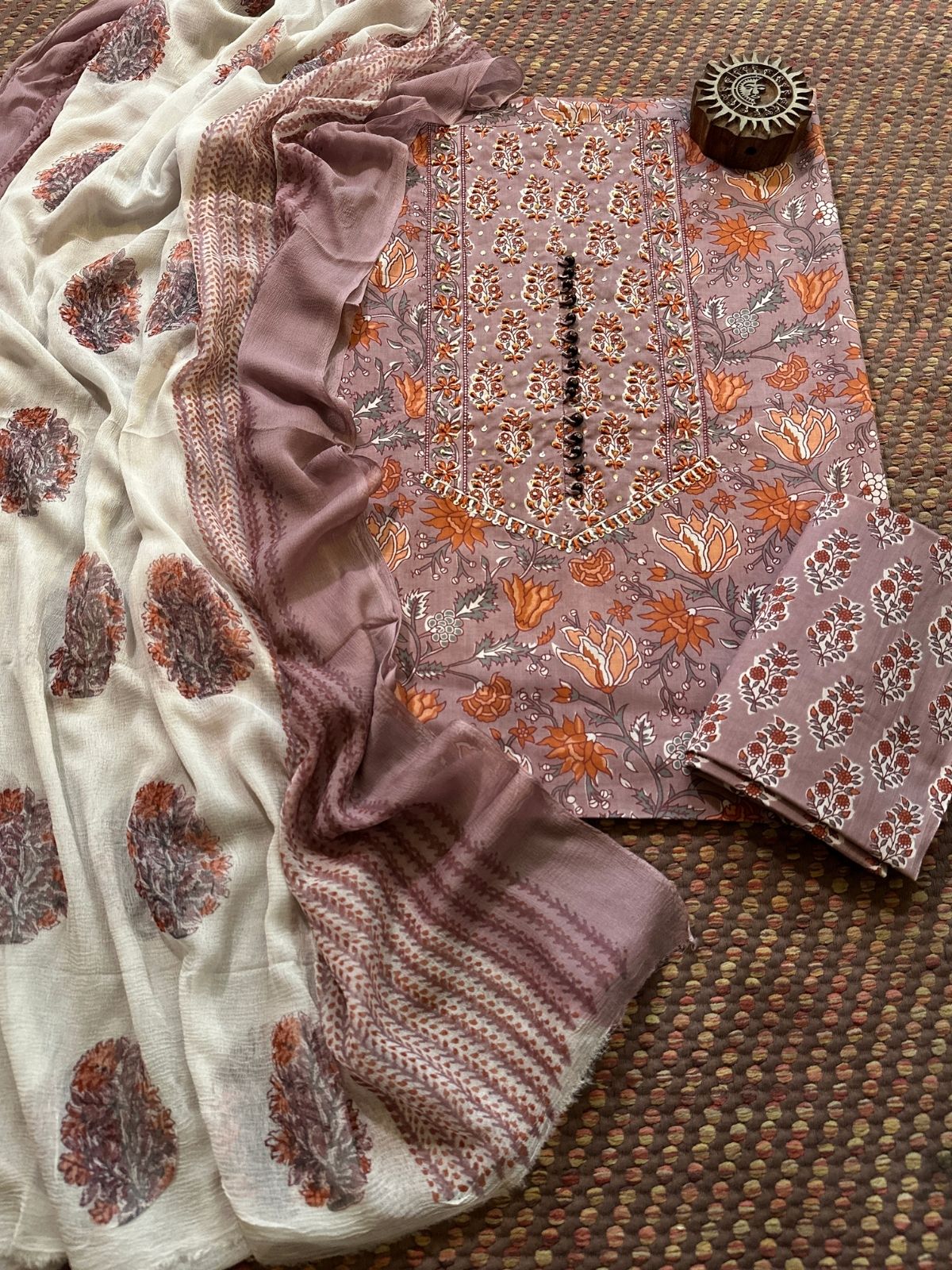 Pure Cotton Handblocked Unstitched Set with pure chiffon Dupatta