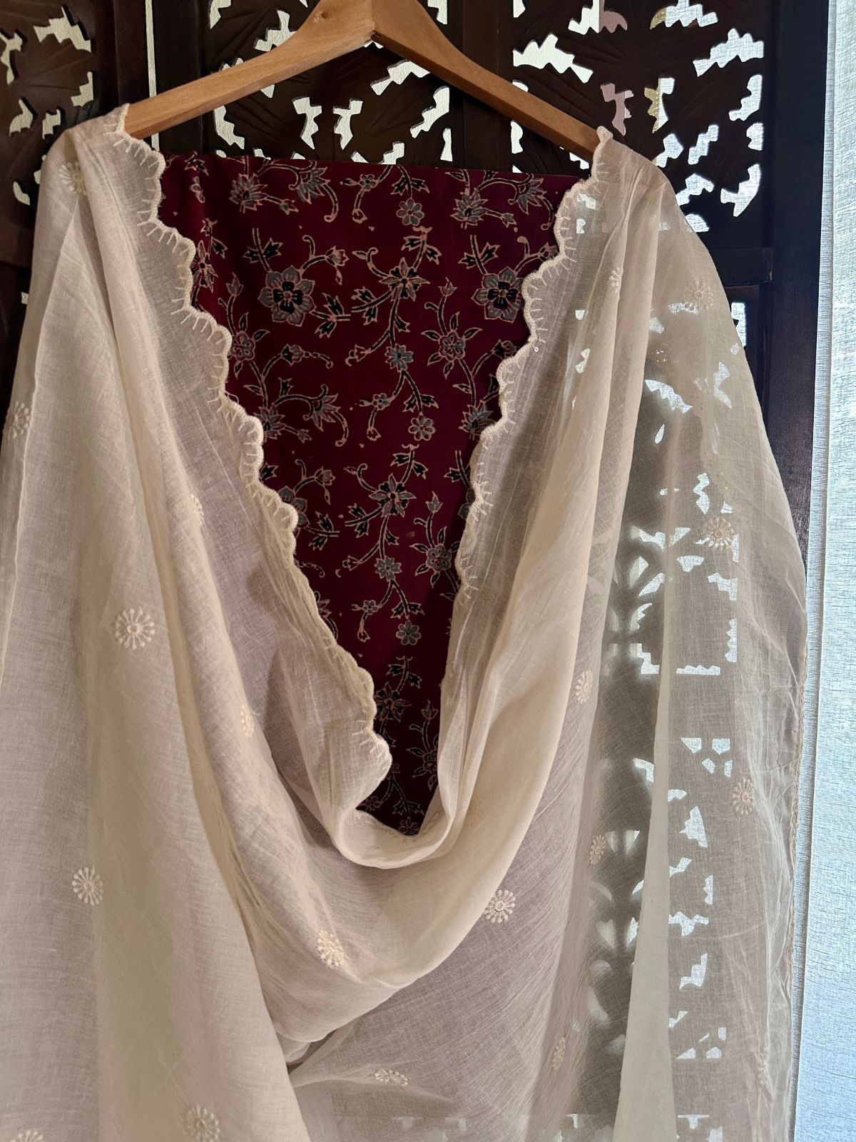 Ajrakh handblocked pure cotton mamal fabric with soft cotton Dupatta