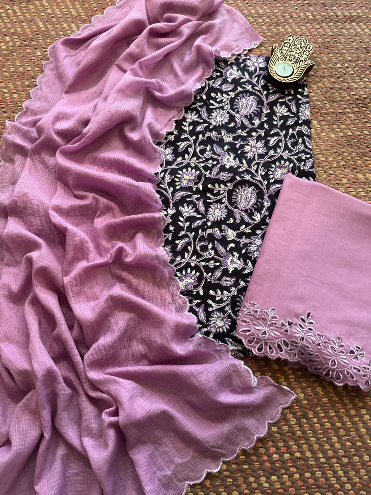 Pure Cotton Hand-blocked Fabric with Cutwork Bottom & Kota Doria Dupatta