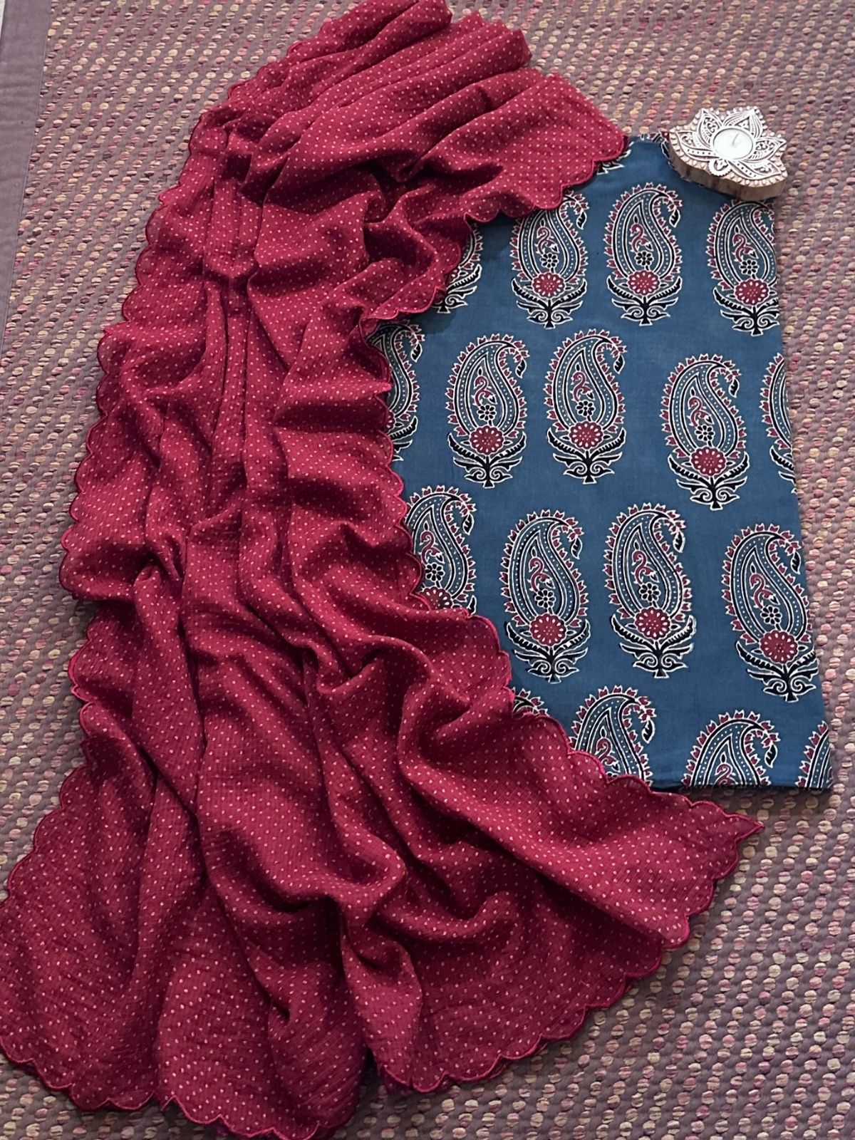 Ajrakh Cotton Malmal Handblocked Set- Top & Dupatta
