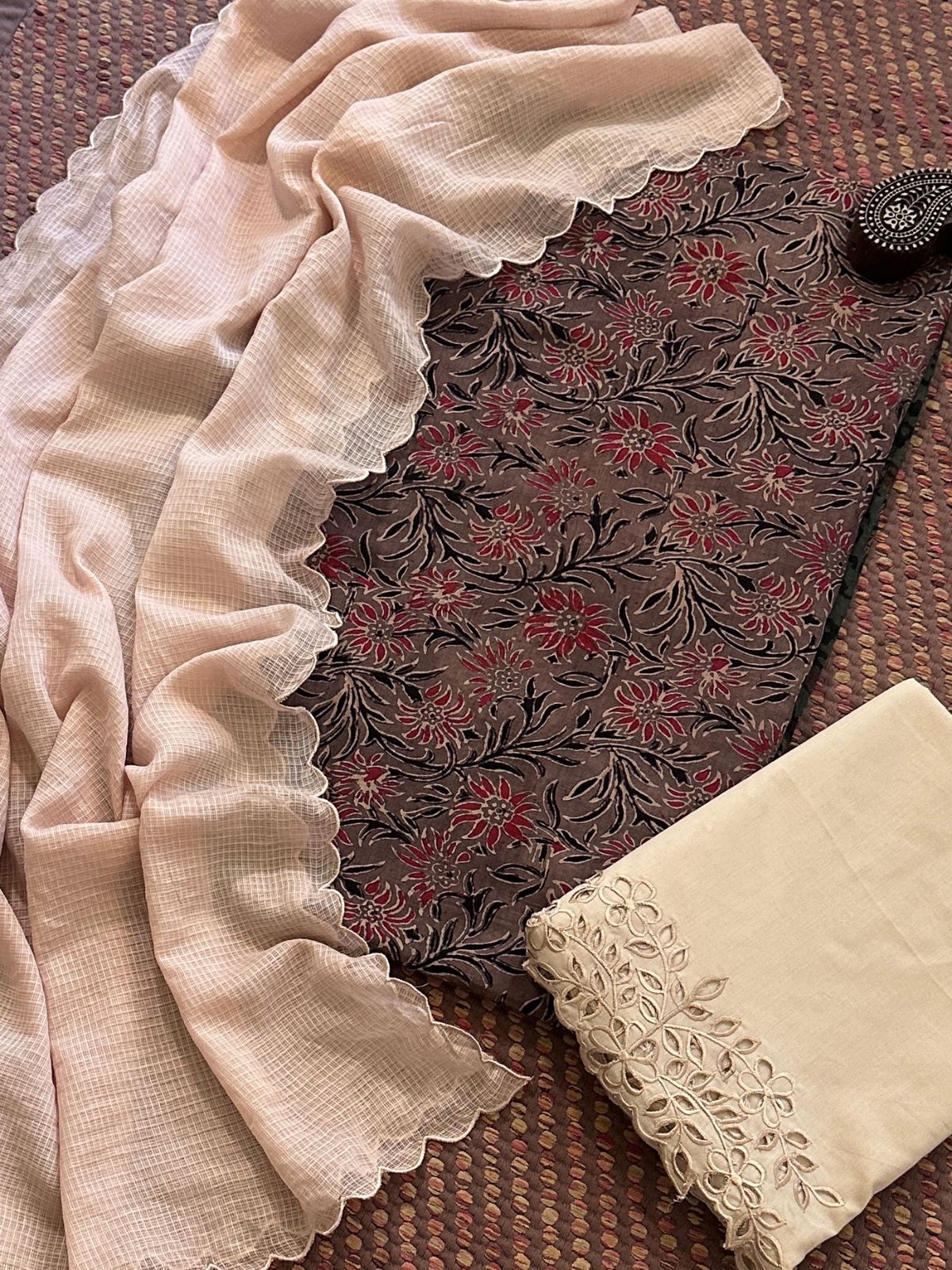 Pure Cotton Mul Ajrak with Scalloped Dupatta & Cutwork Bottom