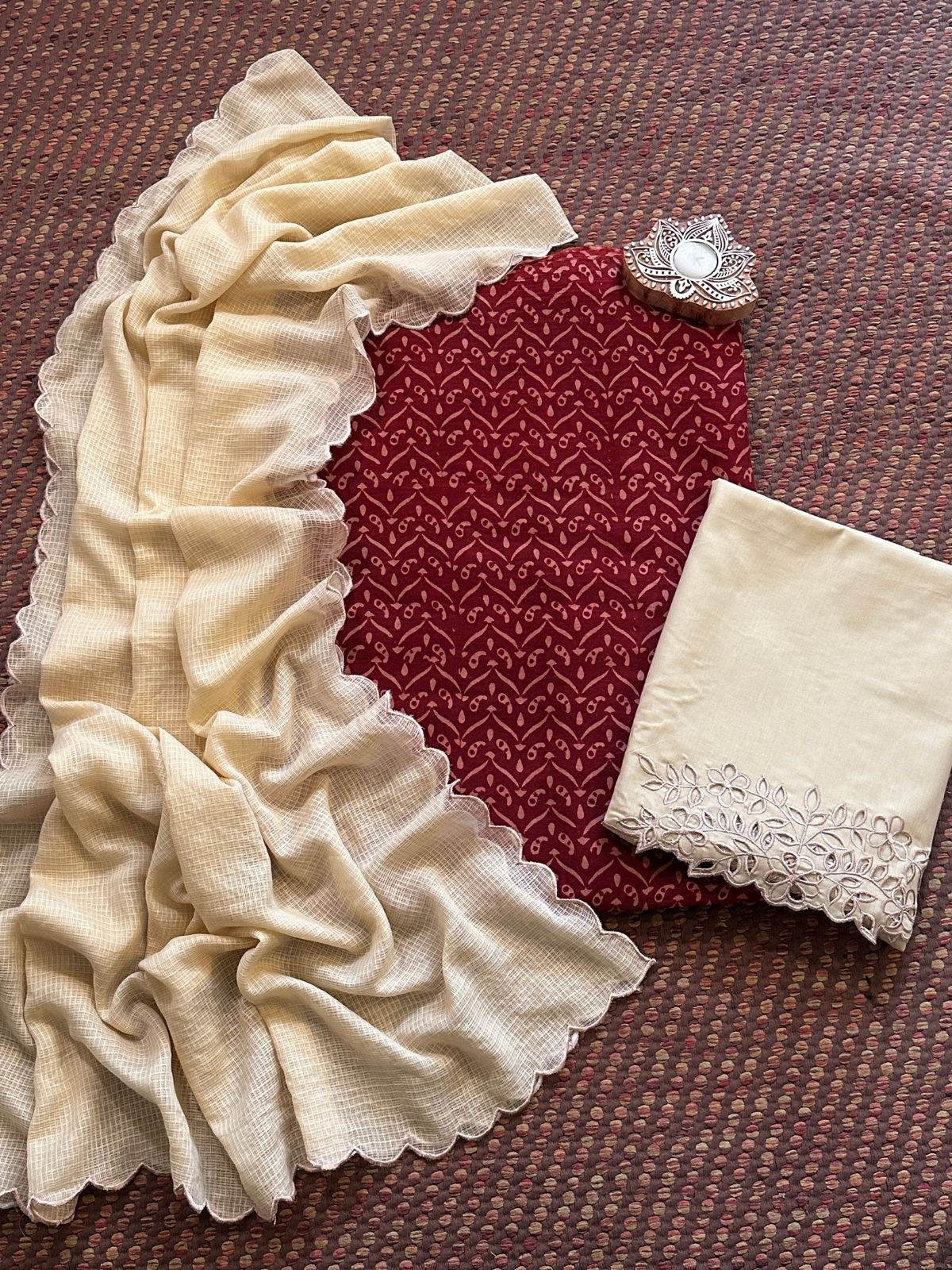 Pure Cotton Mul Ajrak with Scalloped Dupatta & Cutwork Bottom