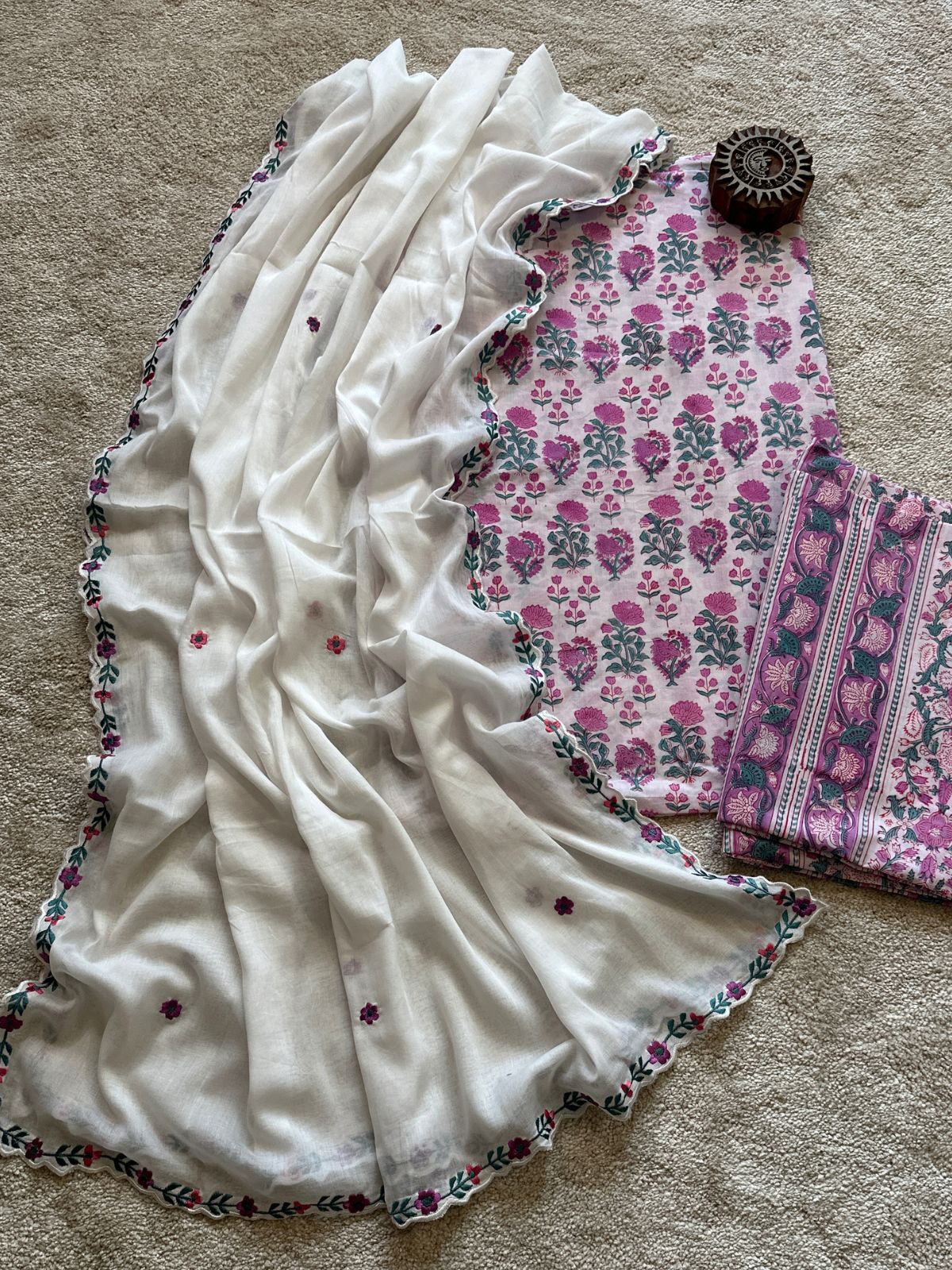 Pure Cotton Hand Blocked Set with Malmal Embroidered Dupatta