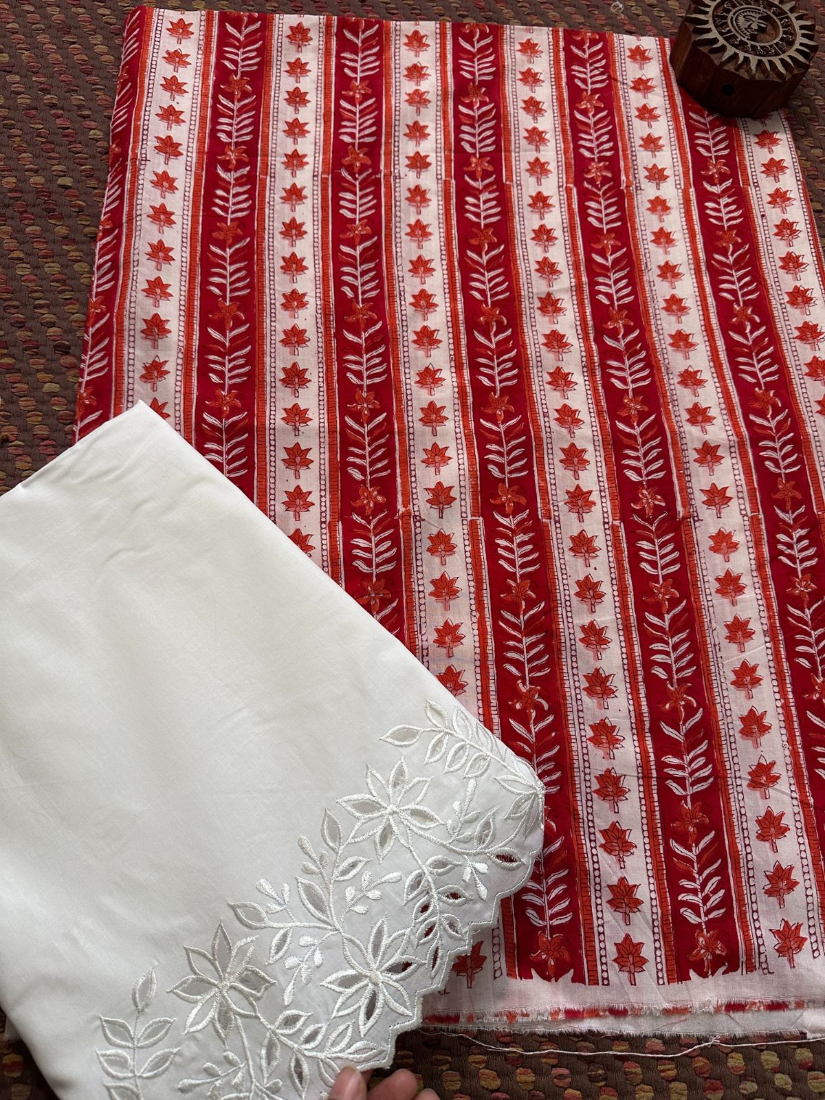 Pure Cotton Hand-blocked Fabric with Embroidered Bottom