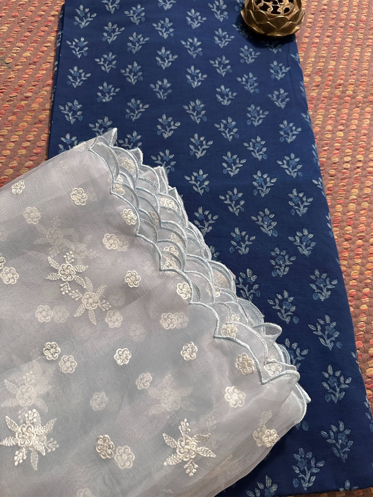 Pure Cotton Handblocked Fabric with Exclusive Cutwork Organza Dupatta