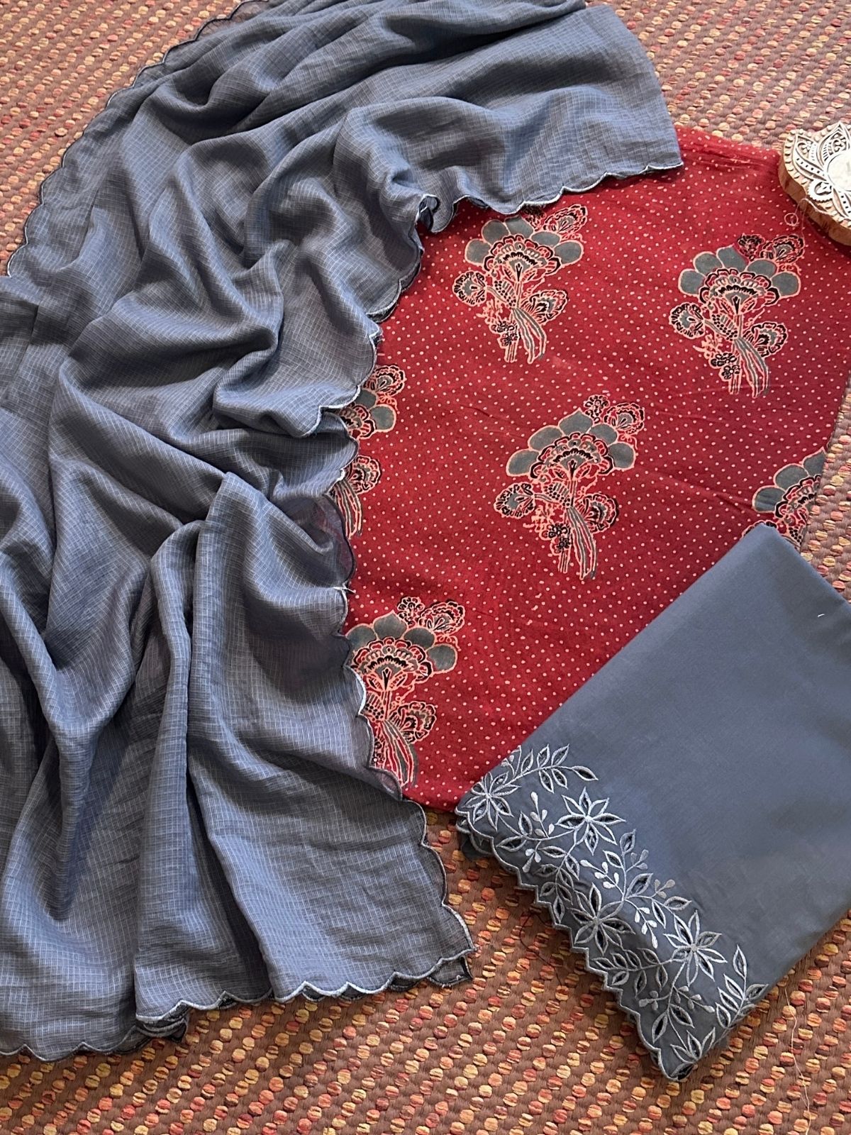 Pure Cotton Mul Ajrak with Scalloped Dupatta & Cutwork Bottom