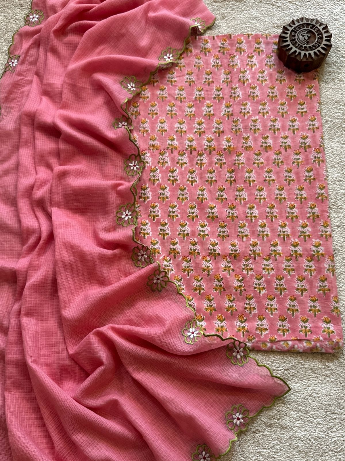 Gulabi Set - Hand Blocked fabric with a embroidered kota doria dupatta.