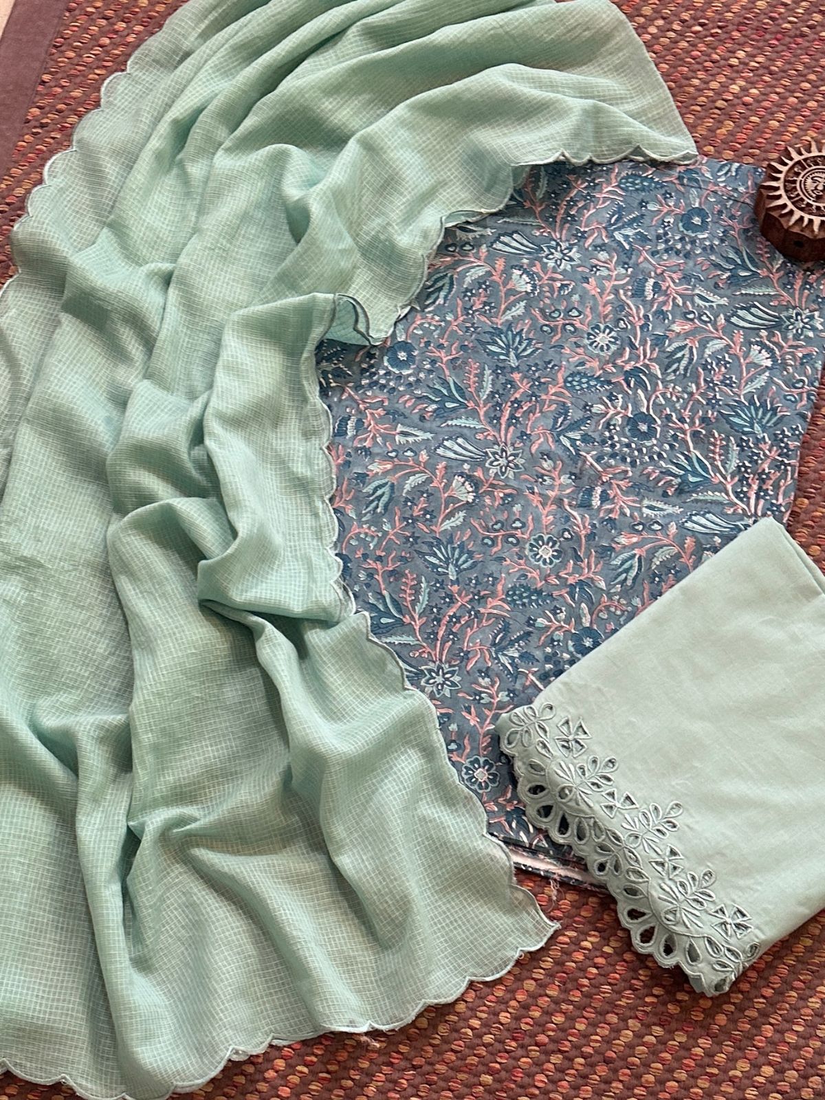 Pure Cotton Hand-blocked Fabric with Cutwork Bottom & Kota Doria Dupatta