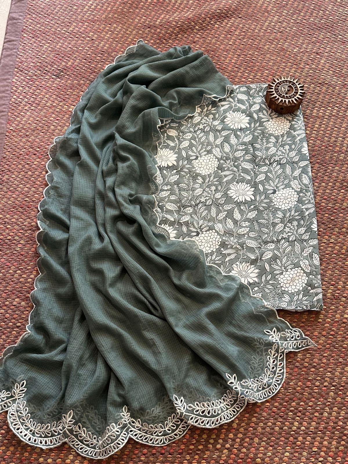 Pure Cotton Handblock Fabric with Cutwork Embroidered Dupatta