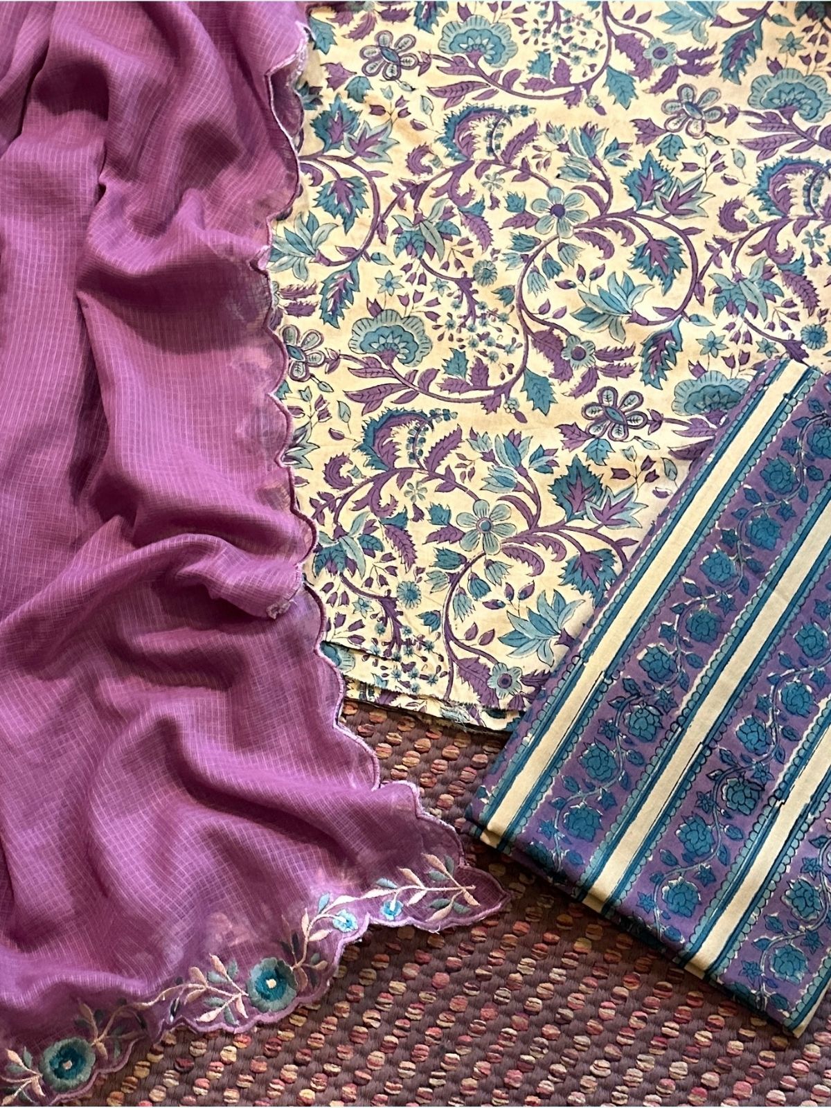 Pure Cotton Hand-blocked Fabric with Embroidered Dupatta
