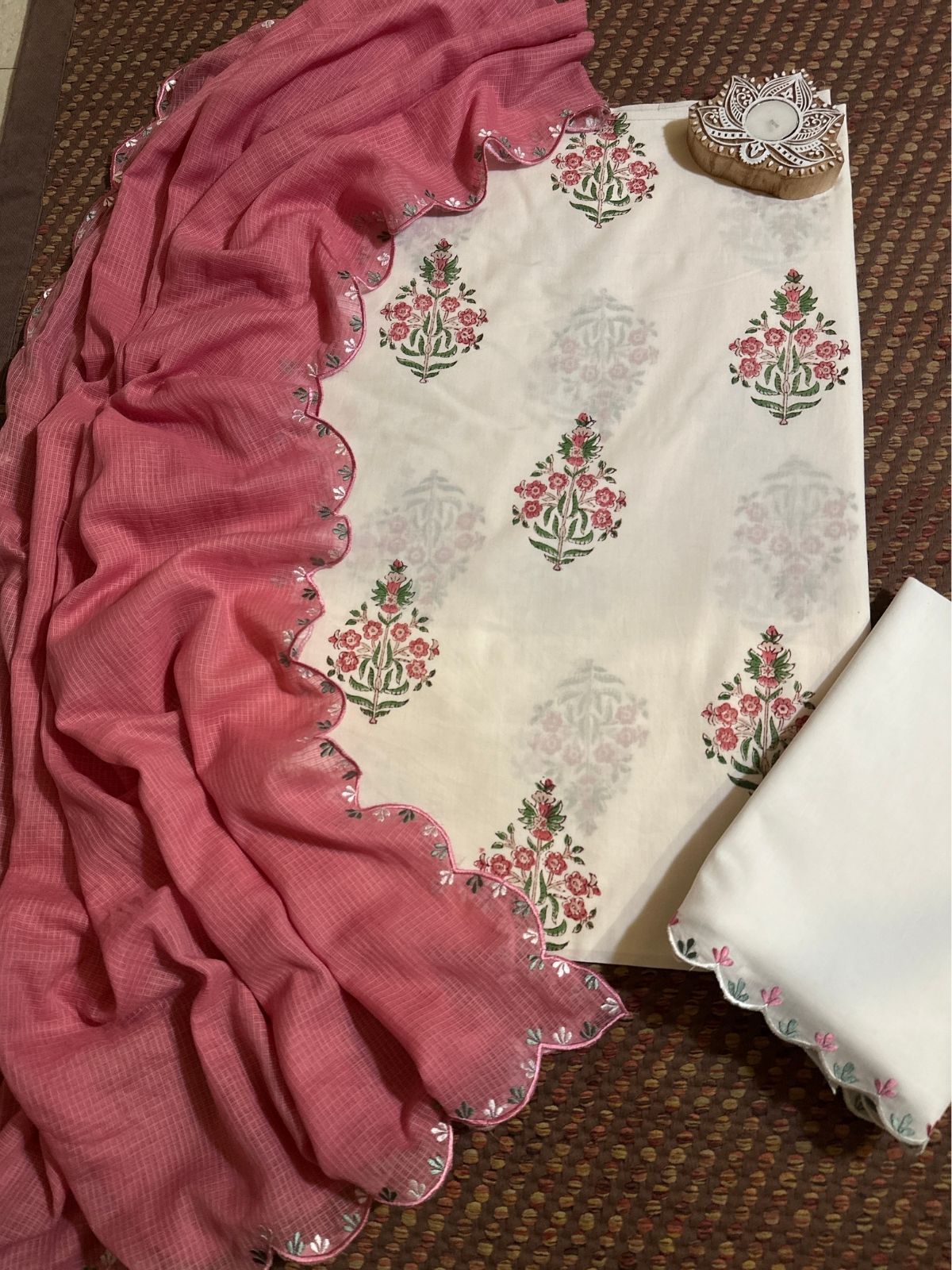 Pure Cotton Hand blocked Fabric with Embroidered Dupatta & Bottom