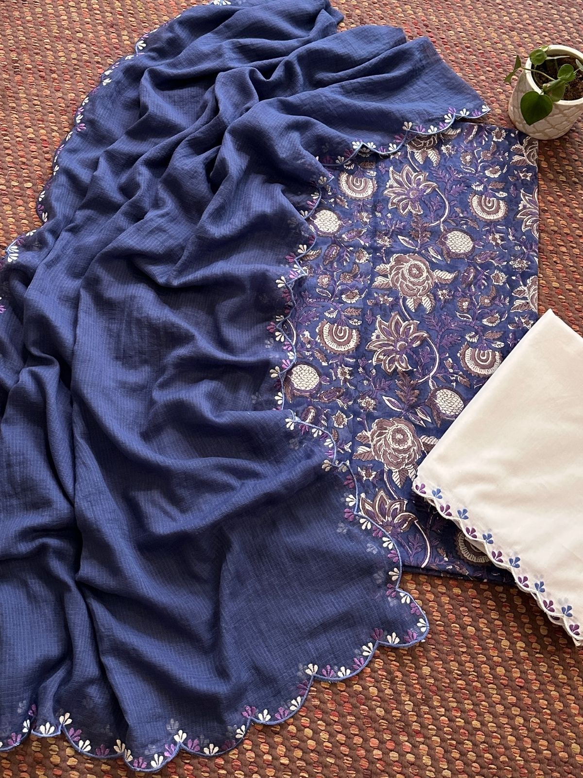 Pure Cotton Hand-block Fabric with Embroidered Bottom & Kota Doria Dupatta