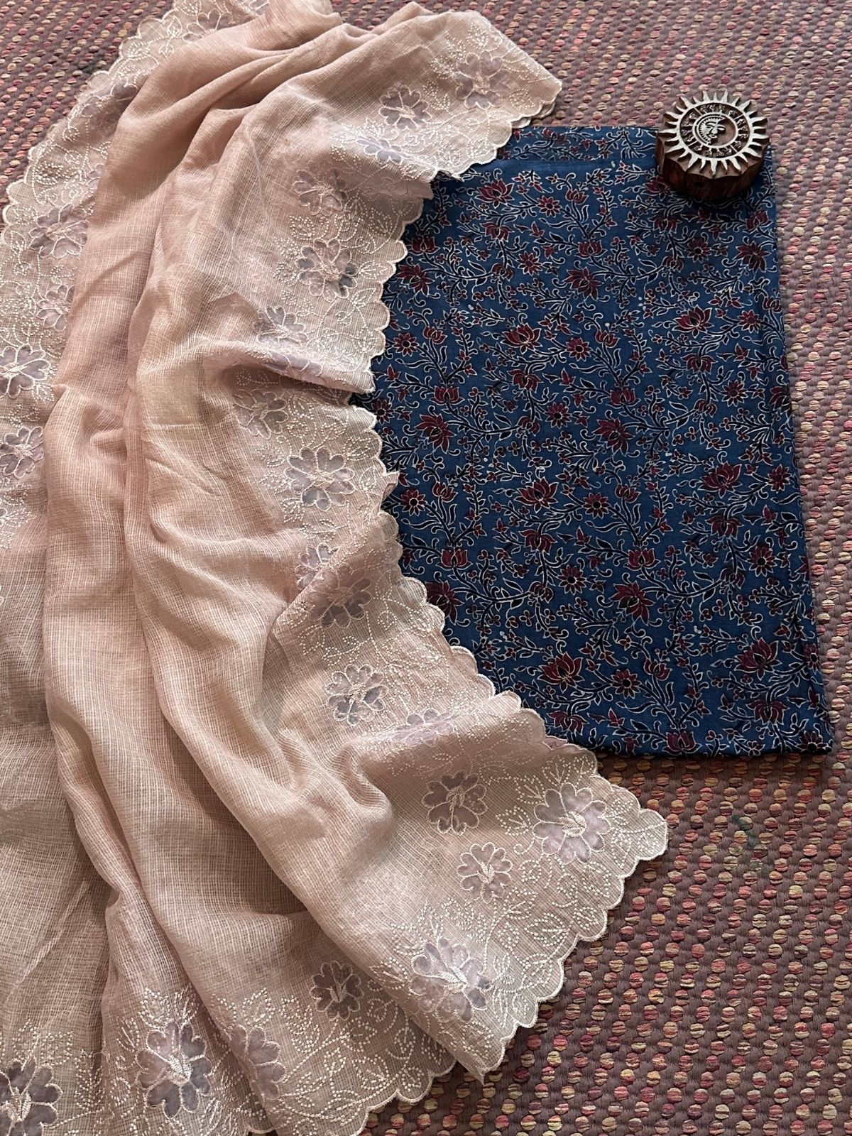 Ajrakh handblocked pure cotton mamal fabric with kota doria embroidered dupatta