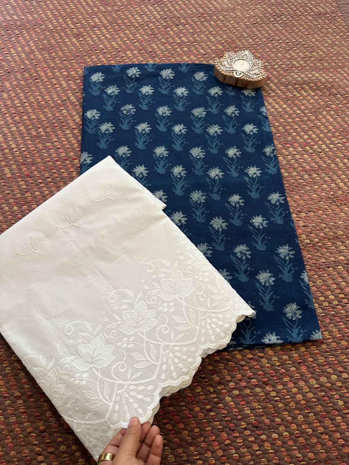 Pure Cotton Indigo Handblocked Fabric with Embroidered Bottom