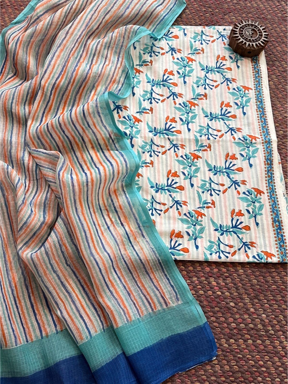 Pure Handblcoked Cotton Unstitched Set with Handblocked Kota Dupatta