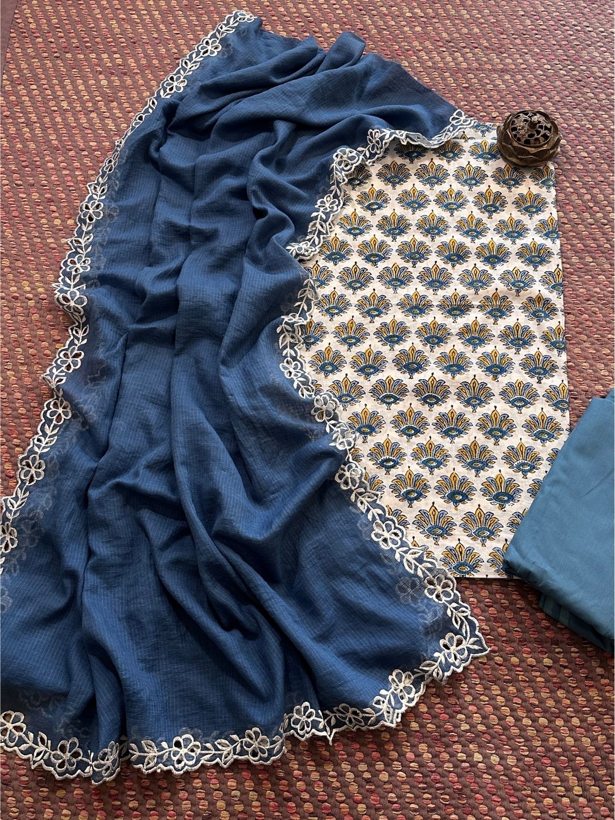 Pure Cotton Malmal Hand-block Fabric set with Cutwork Embroidered Kota Doria Dupatta