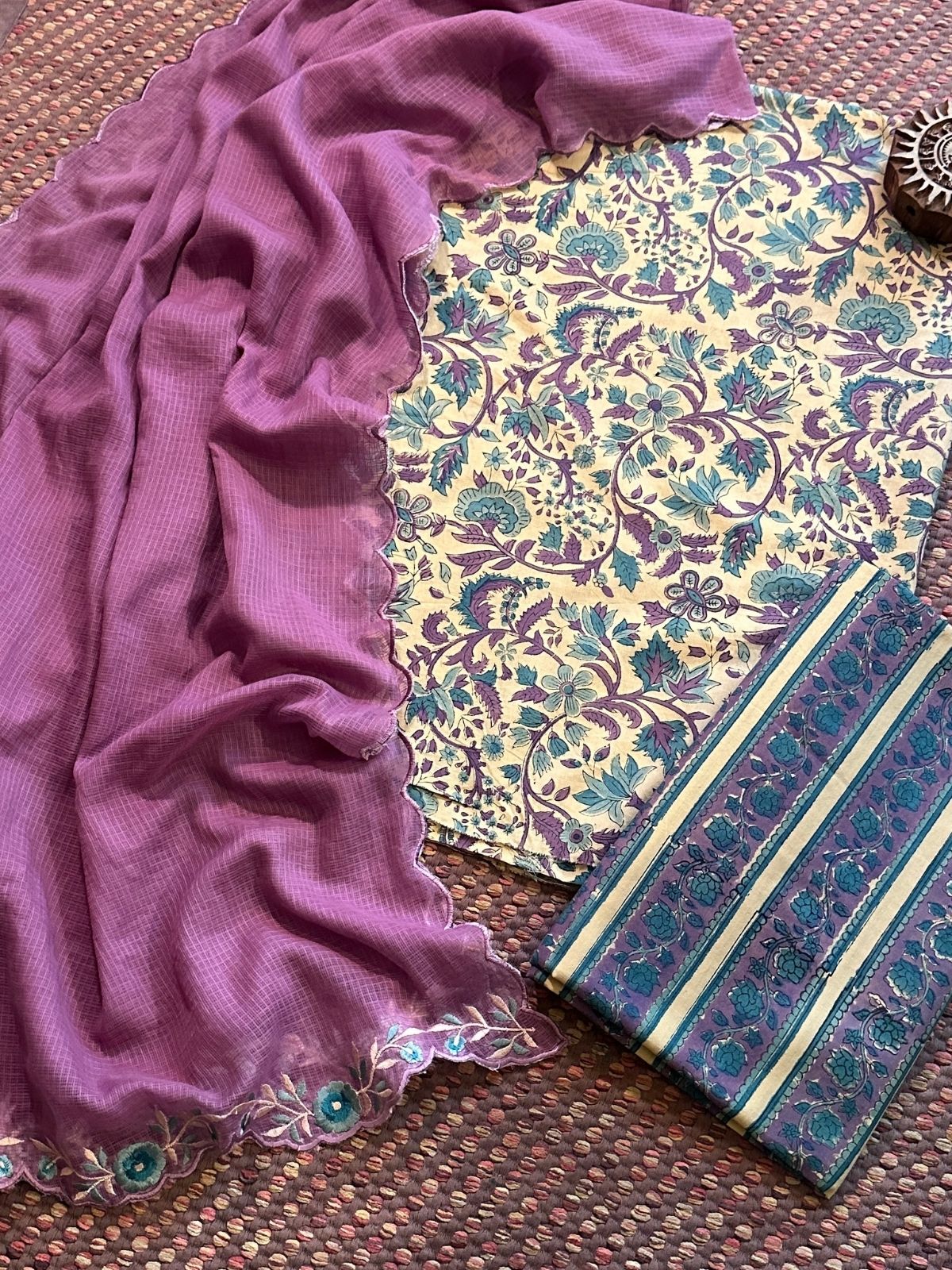 Pure Cotton Hand-blocked Fabric with Embroidered Dupatta