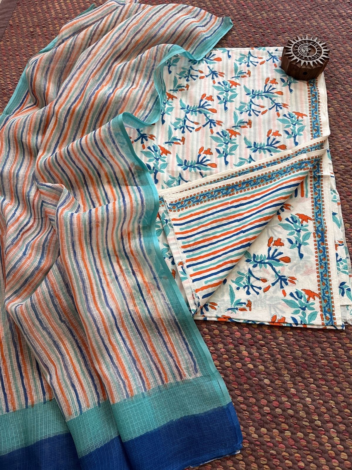 Pure Handblcoked Cotton Unstitched Set with Handblocked Kota Dupatta