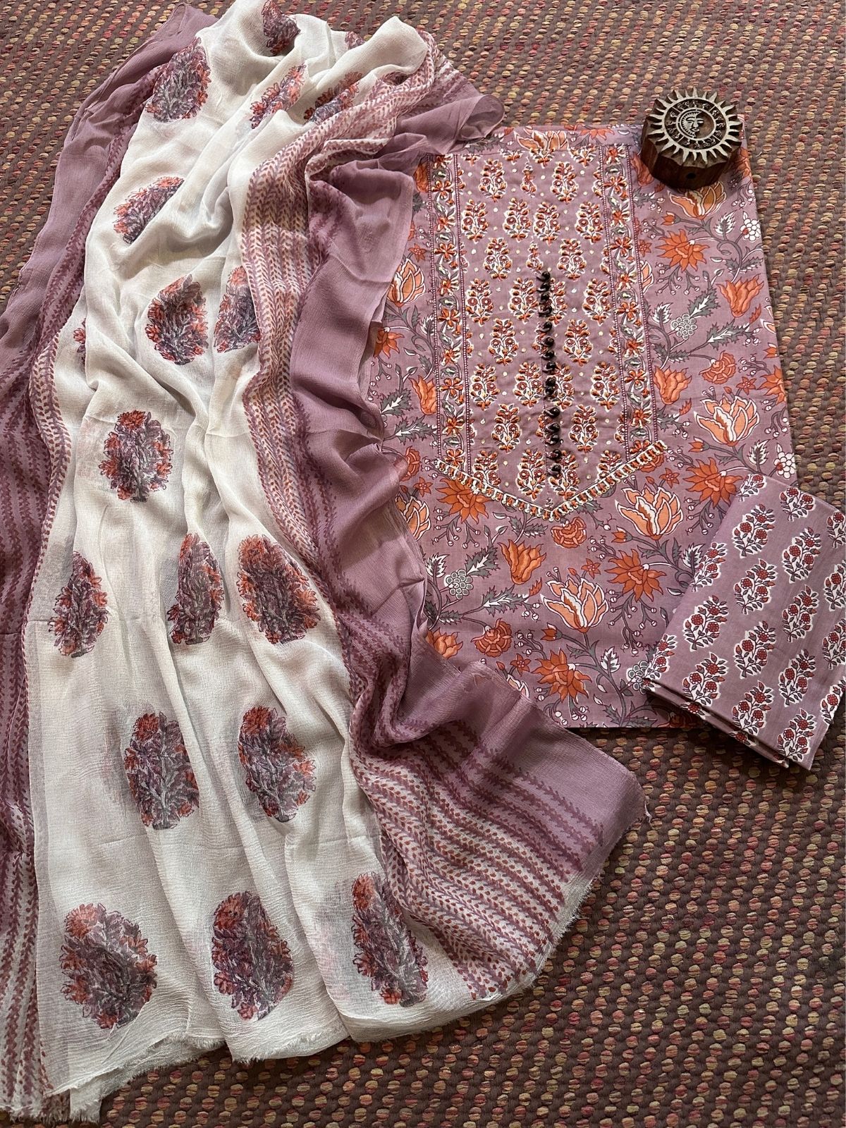 Pure Cotton Handblocked Unstitched Set with pure chiffon Dupatta
