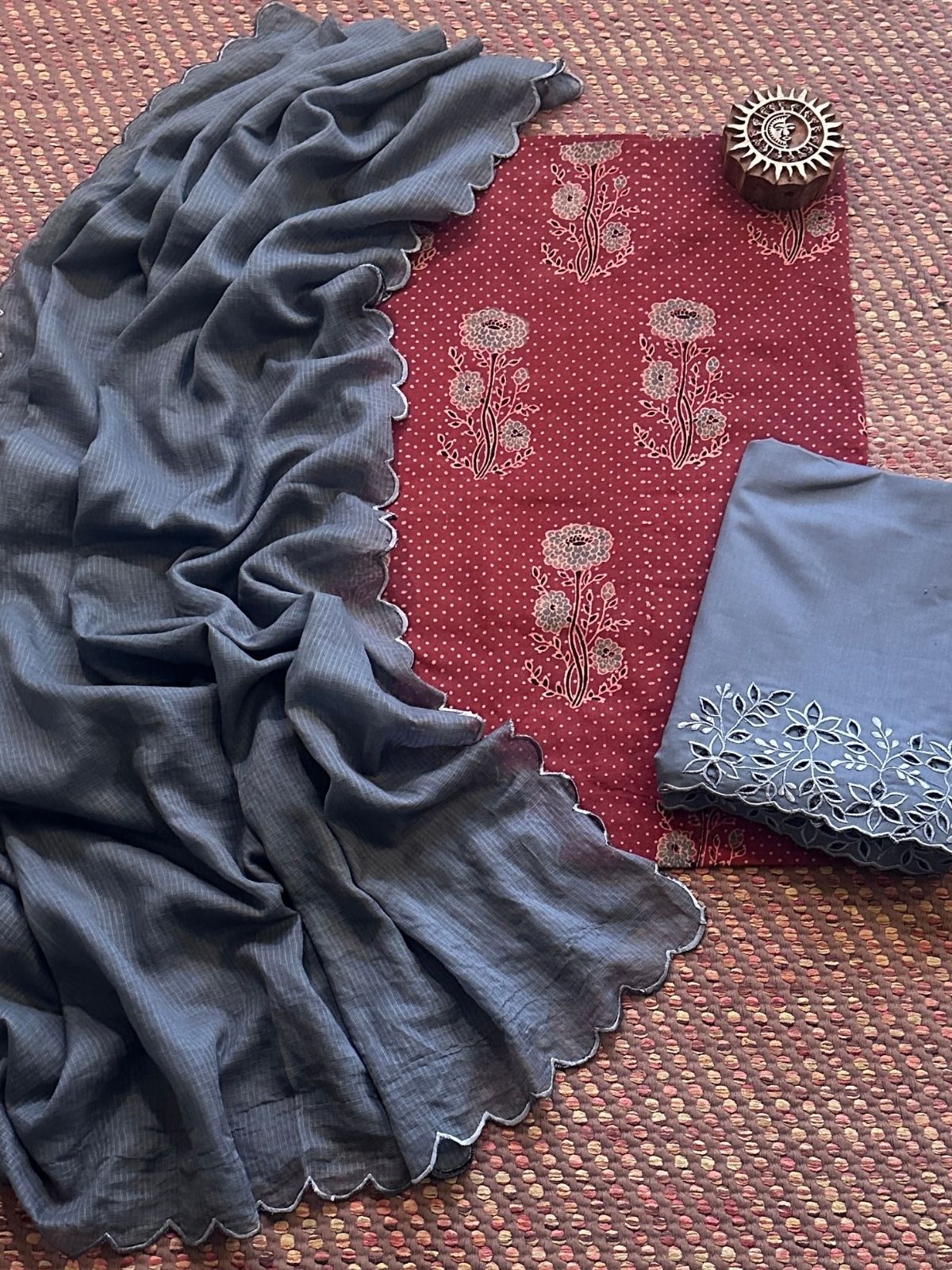 Pure Cotton Mul Ajrak with Scalloped Dupatta & Cutwork Bottom