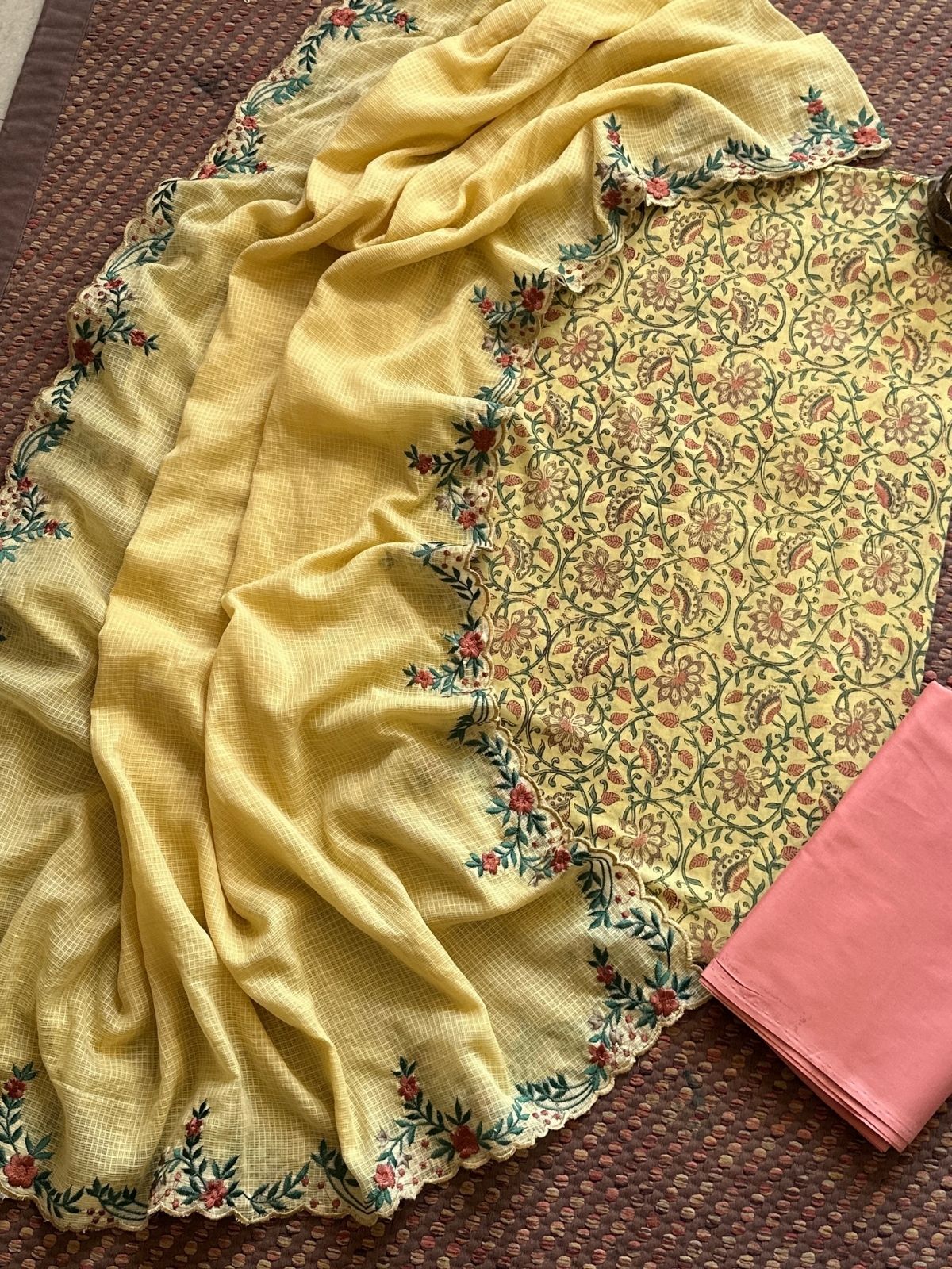 Pure Cotton Hand-block Fabric set with Embroidered Kota Doria Dupatta