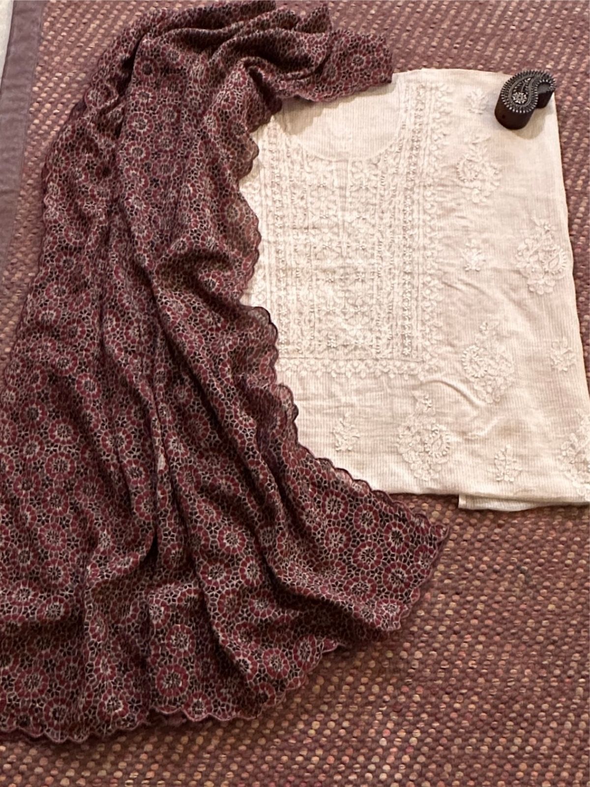 Chikankari Hand Embroidered Fabric with Ajrak Hadblocked Kota Dupatta