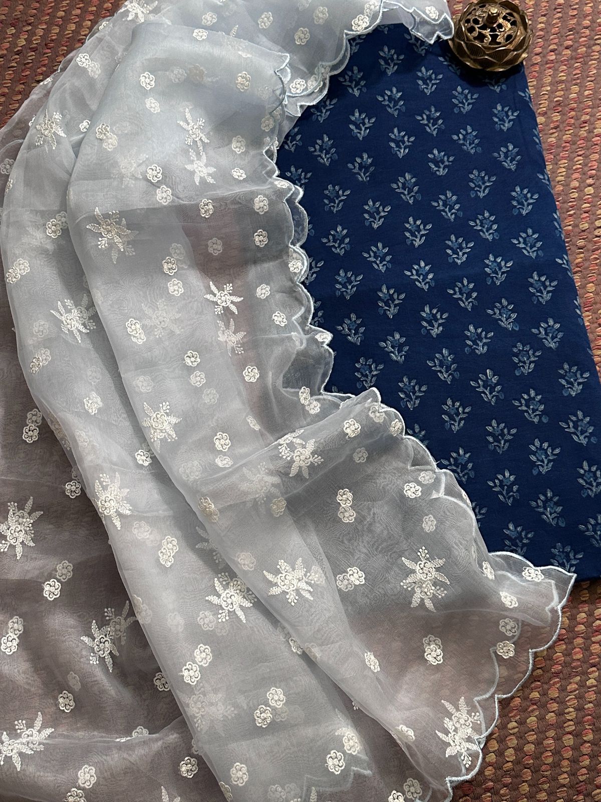 Pure Cotton Handblocked Fabric with Exclusive Cutwork Organza Dupatta