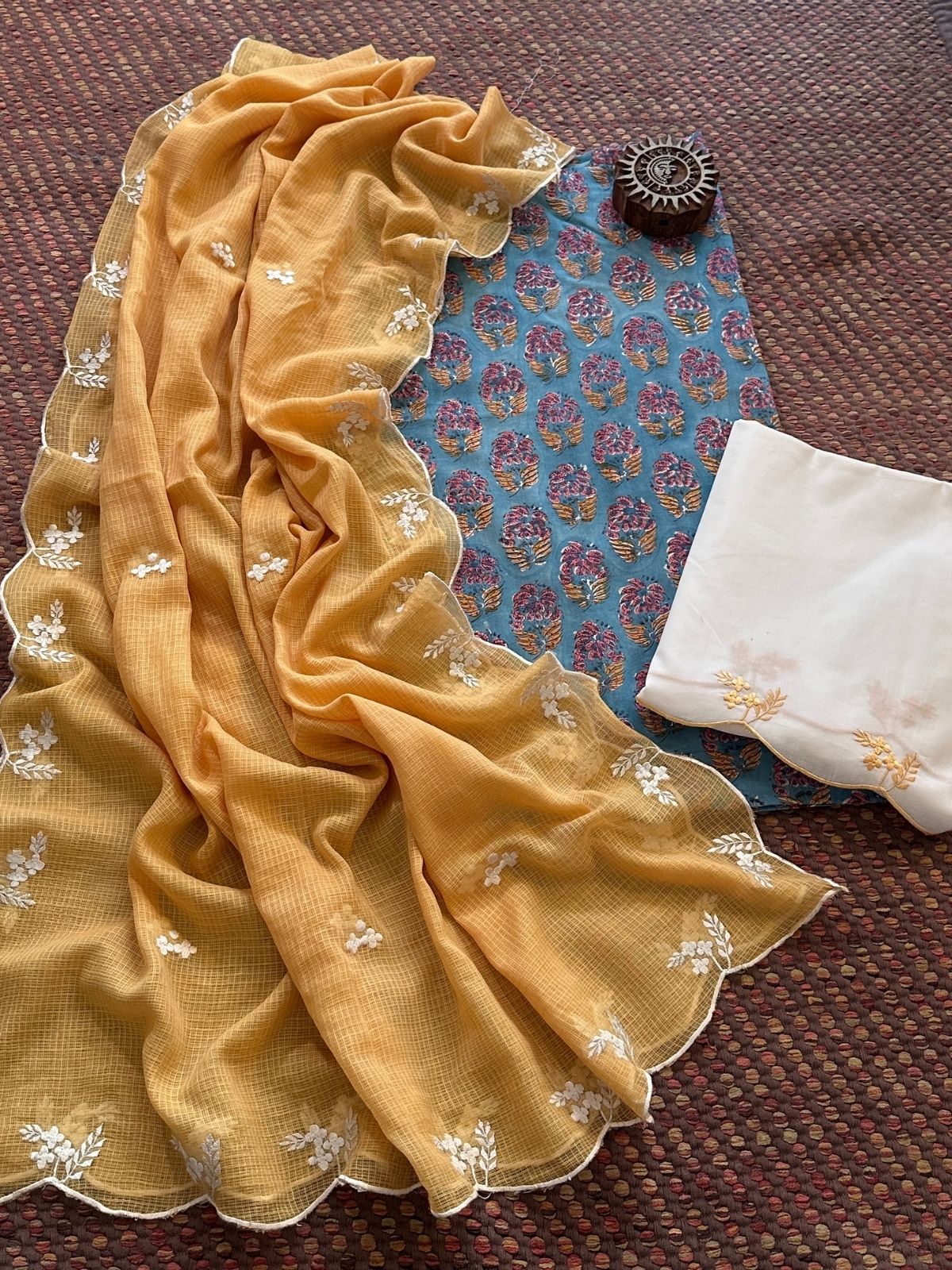Pure Cotton Malmal Hand-block Fabric with Embroidered Bottom & Kota Doria Dupatta