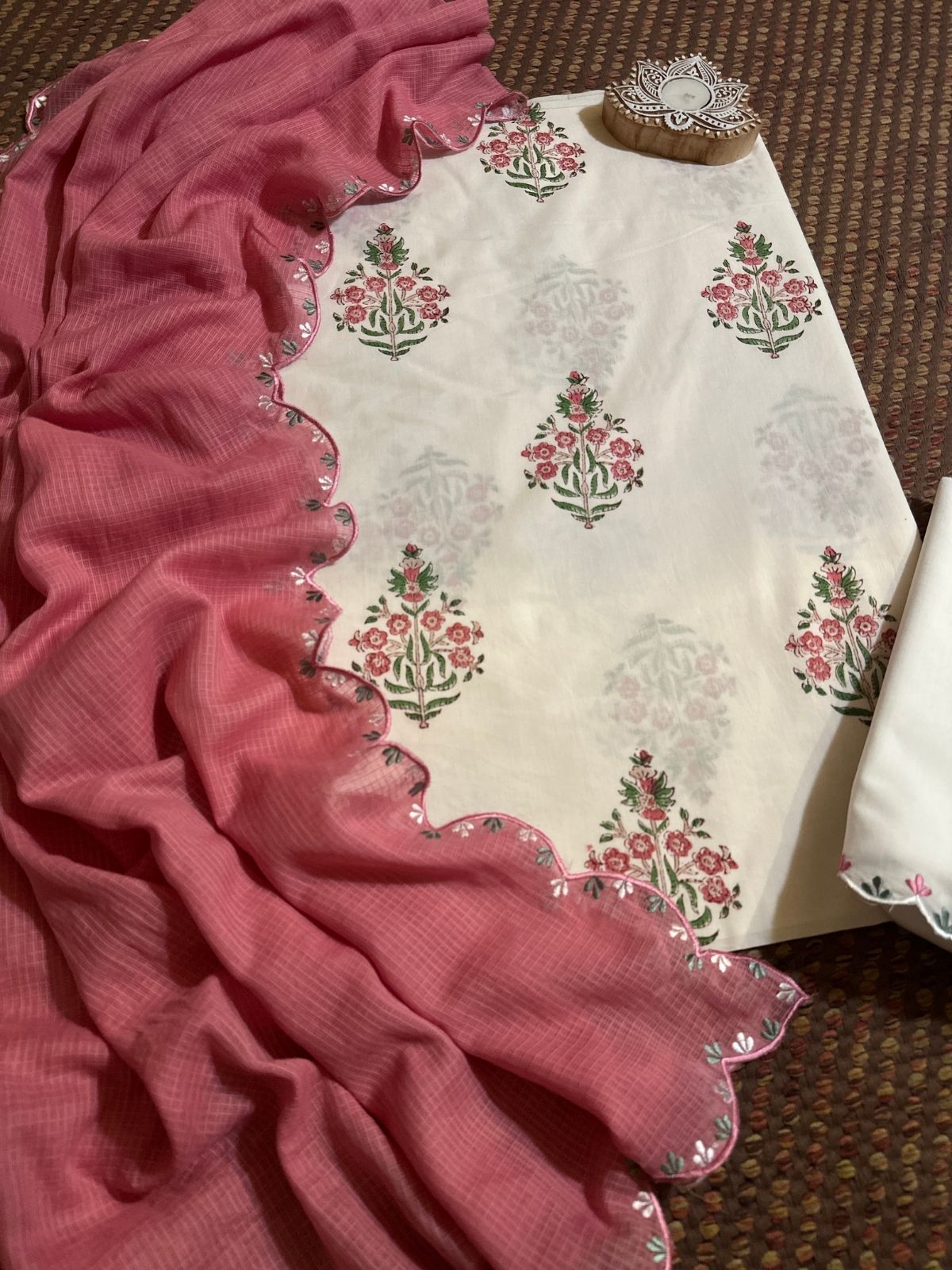 Pure Cotton Hand blocked Fabric with Embroidered Dupatta & Bottom