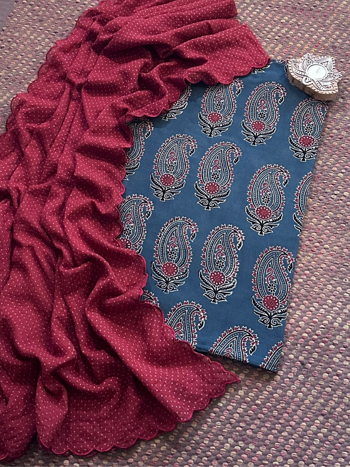 Ajrakh Cotton Malmal Handblocked Set- Top & Dupatta