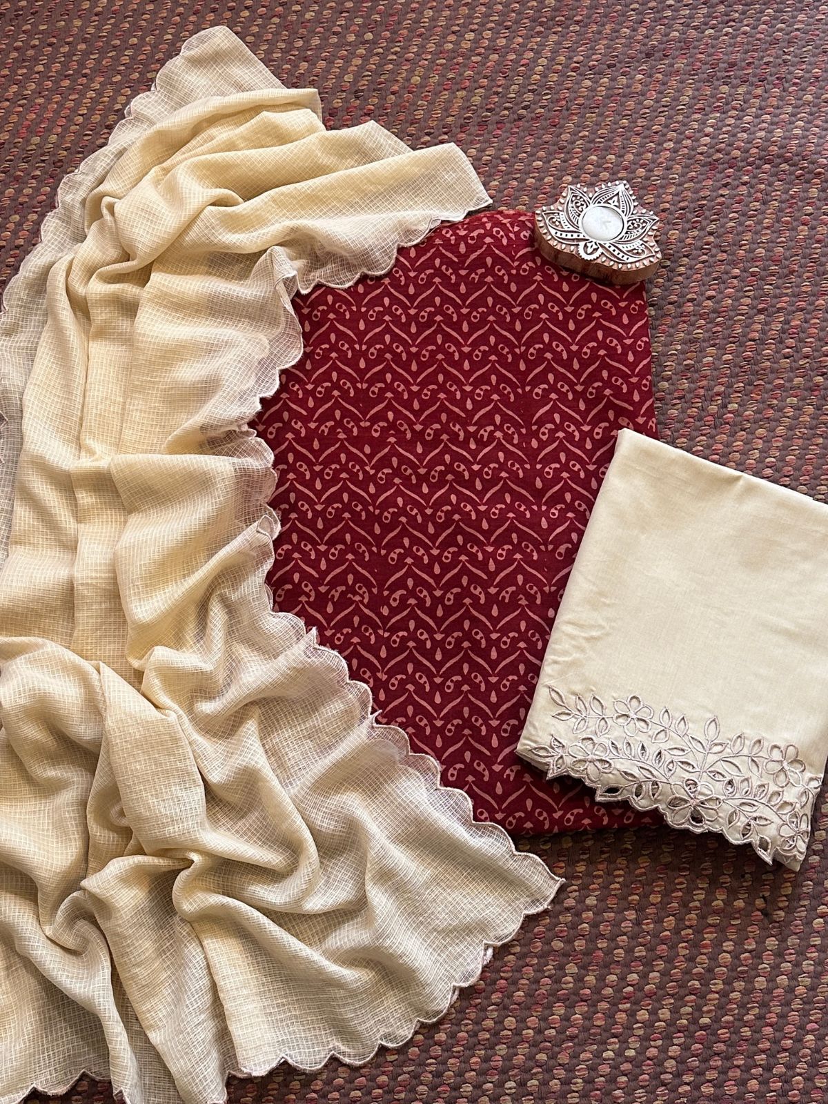 Pure Cotton Mul Ajrak with Scalloped Dupatta & Cutwork Bottom