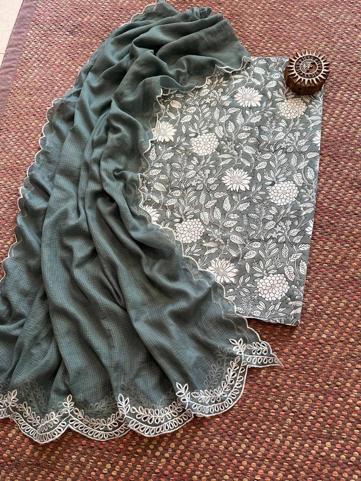 Pure Cotton Handblock Fabric with Cutwork Embroidered Dupatta