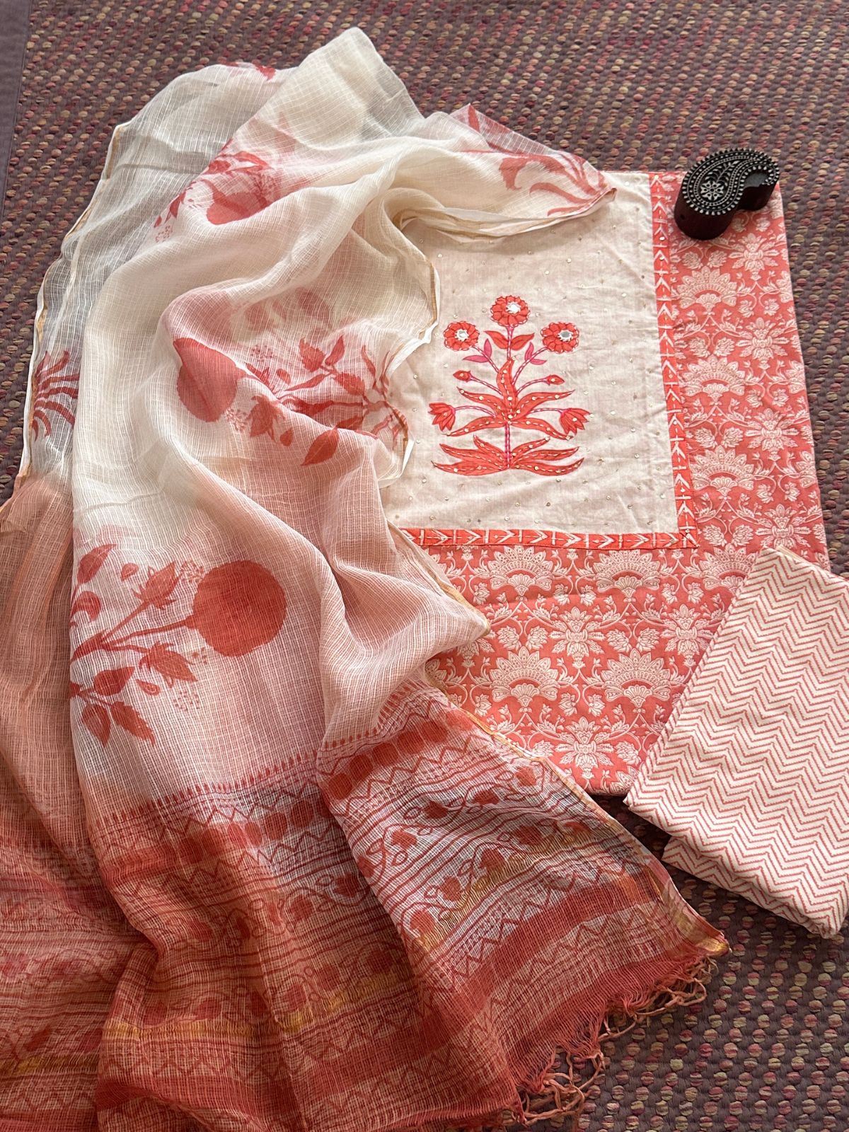 Pure Handblcoked Cotton Unstitched Set with Handblocked Kota Dupatta