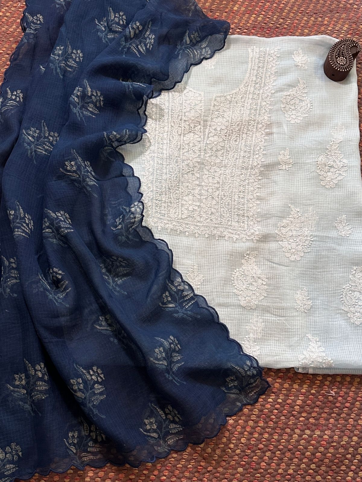 Chikankari Hand Embroidered Fabric with Indigo Hadblocked Kota Dupatta