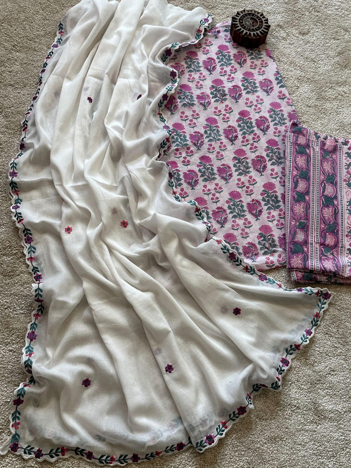 Pure Cotton Hand Blocked Set with Malmal Embroidered Dupatta