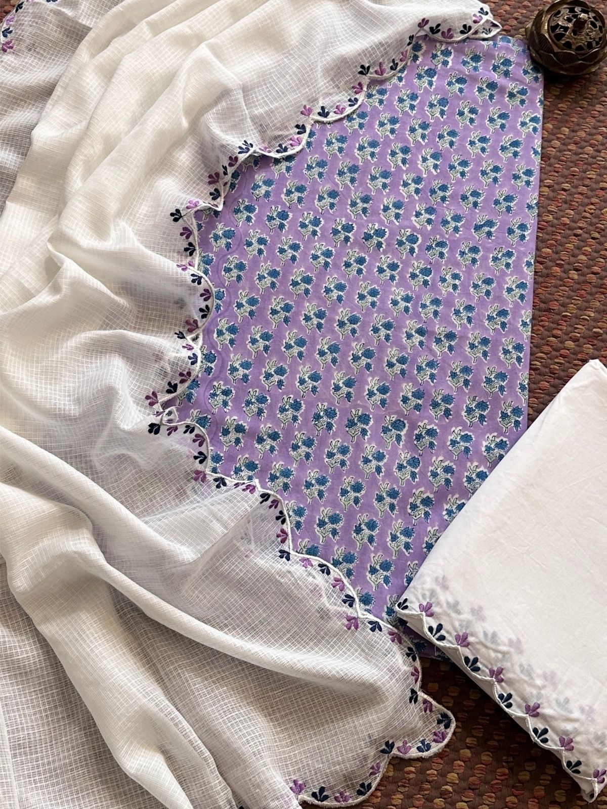 Pure Cotton Hand blocked Set with Embroidered Dupatta